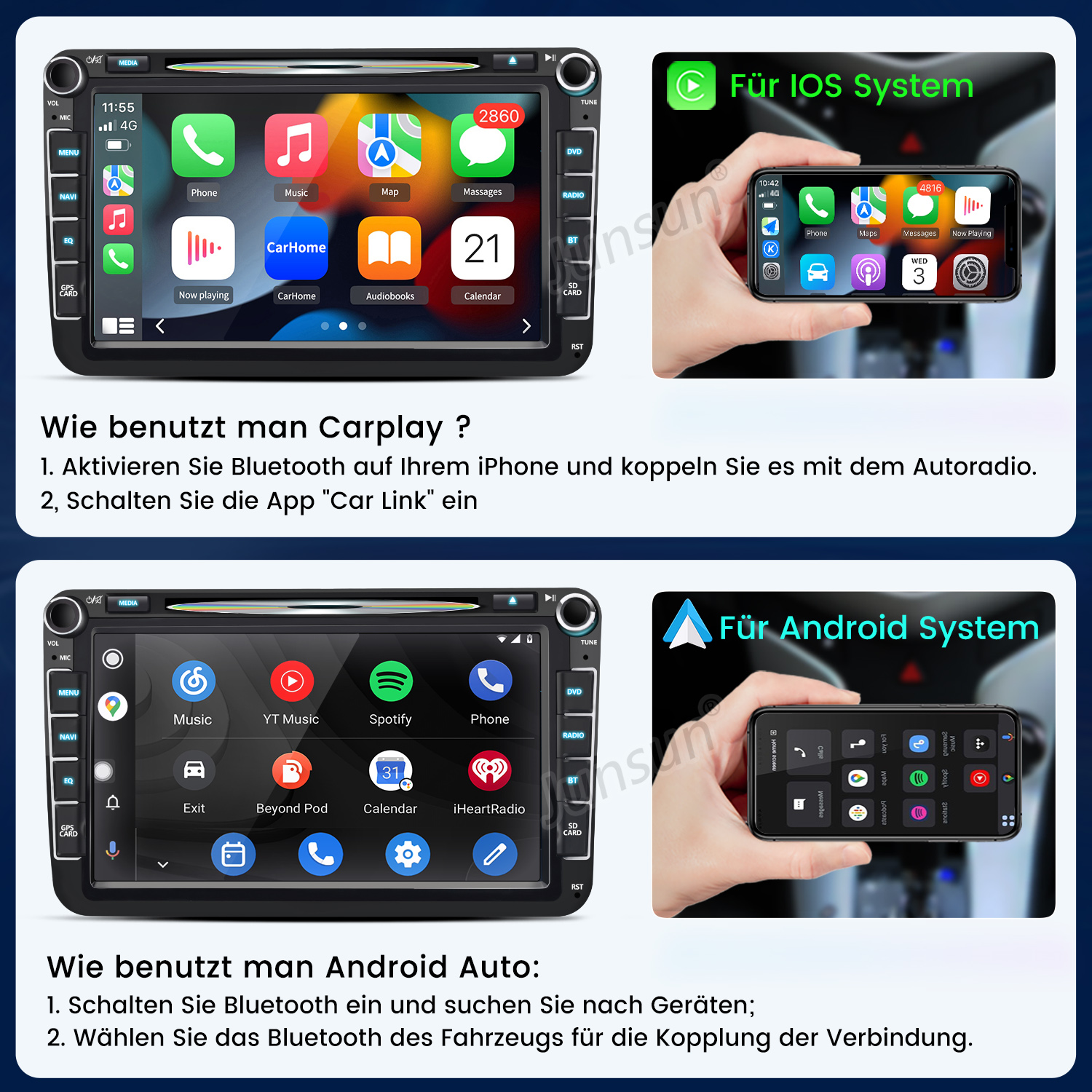 Zwei Infografiken zeigen Smartphone-Systeme in Autos: Carplay und Android Auto.