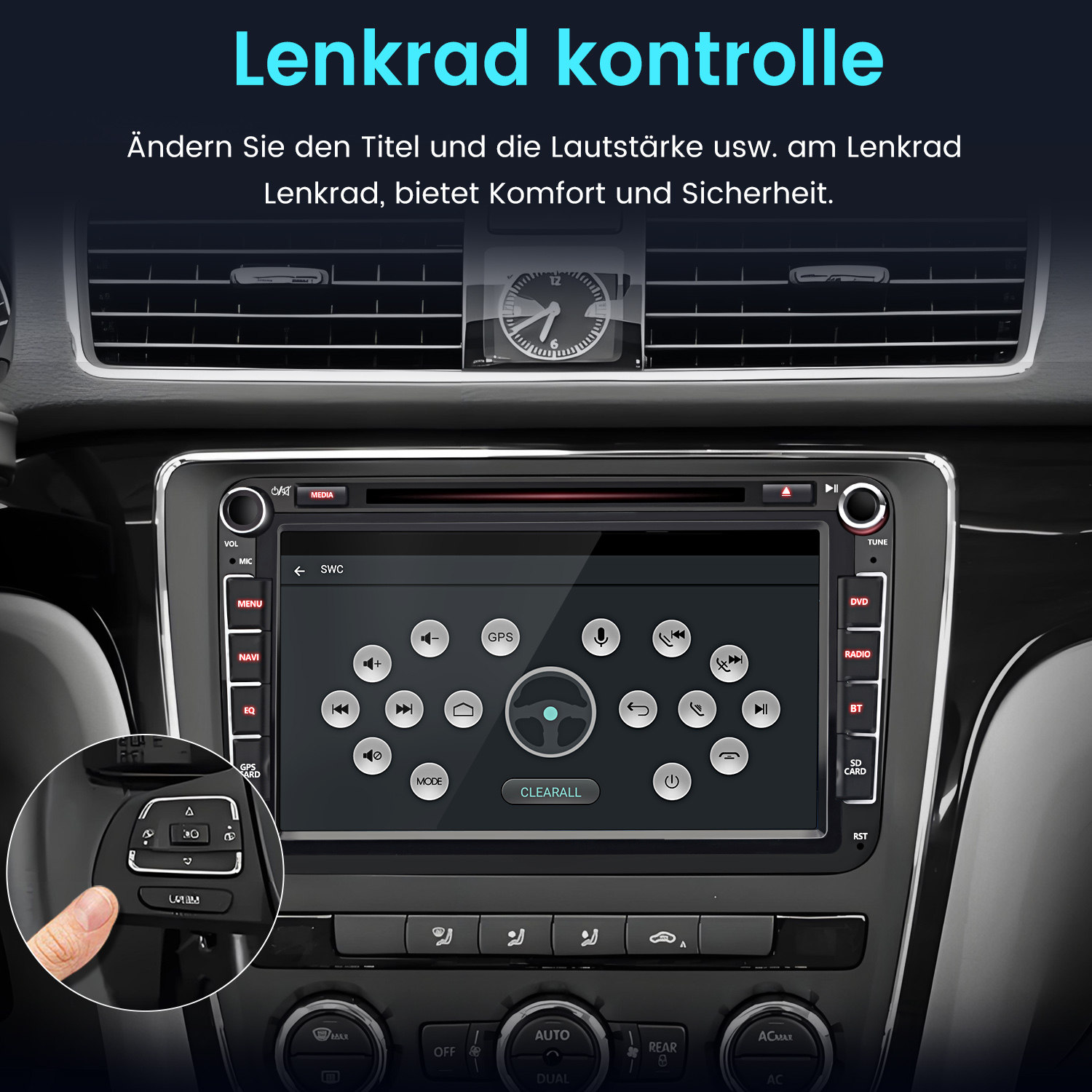Autodashbord mit Touchscreen-Display, das Lenkradsteuerungen zeigt und einen Finger, der eine Taste drückt.