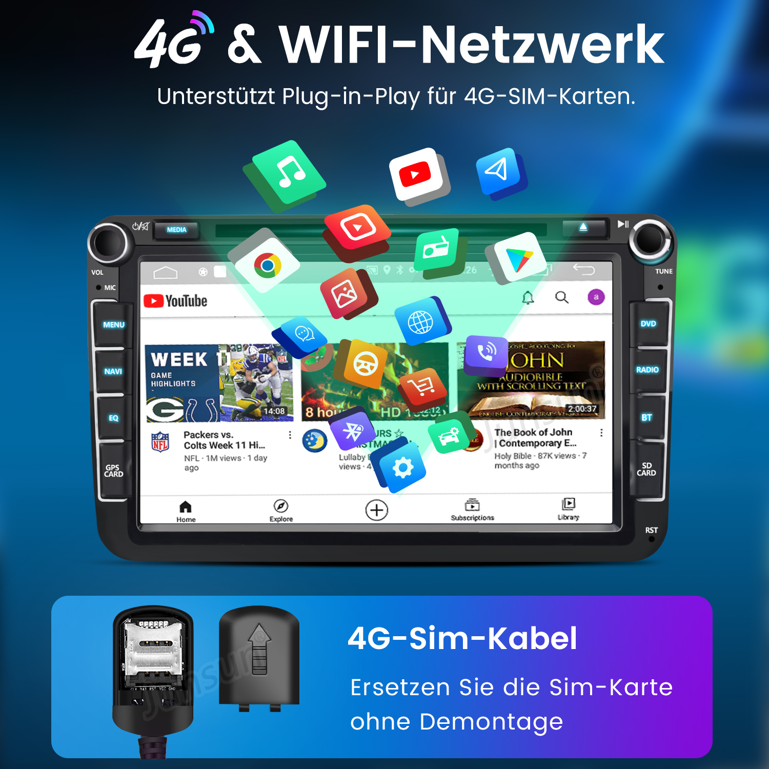 Ein Autoradio mit Apps, 4G/WIFI-Netzwerk und SIM-Karten-Slot.