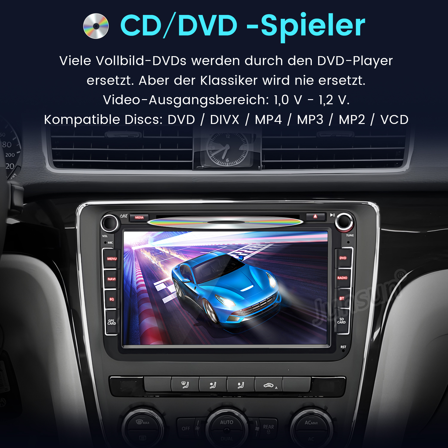Ein Autoradio-Bildschirm zeigt einen blauen Sportwagen auf einer Rennstrecke.