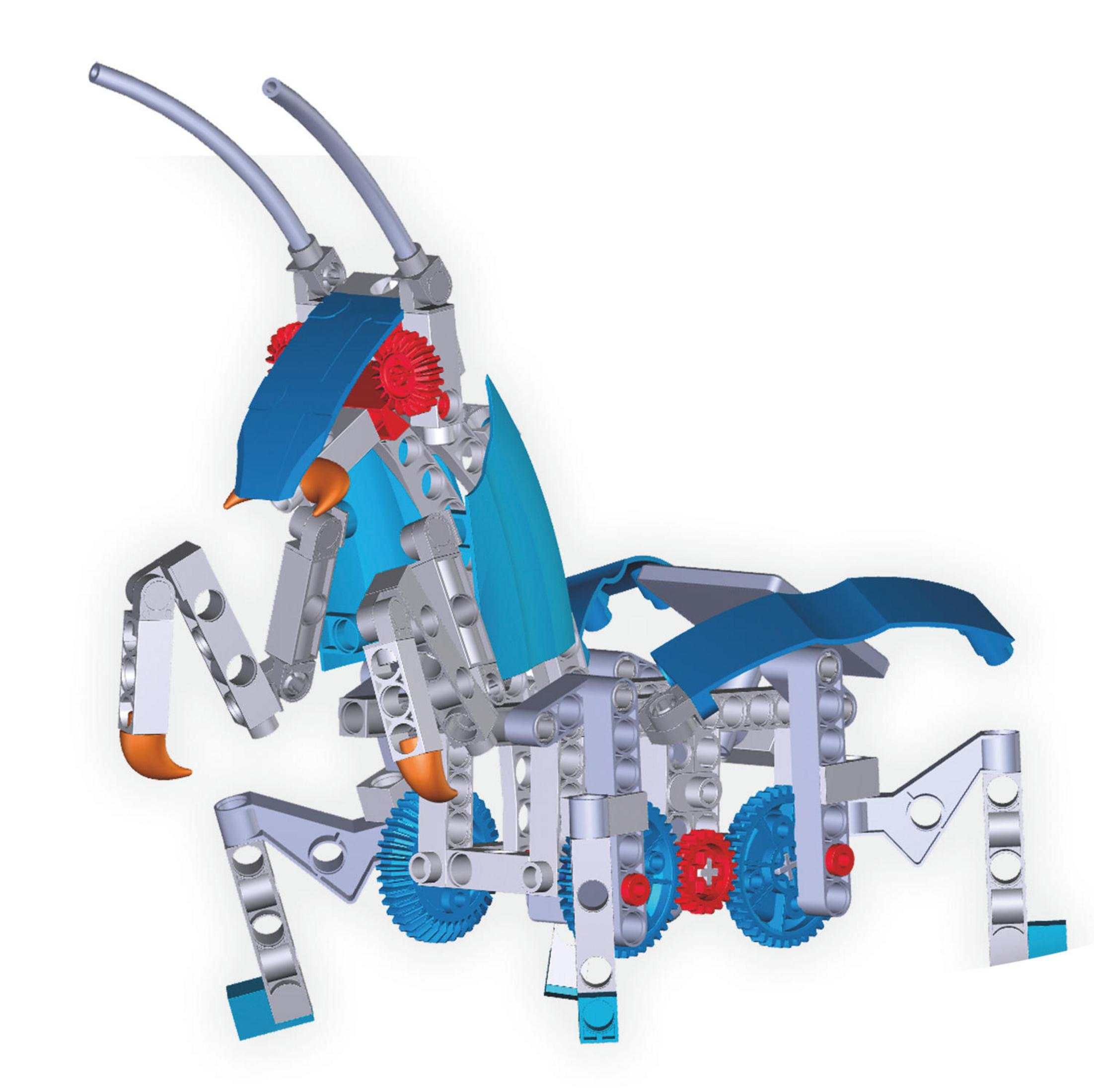 Ein mechanisches Modell einer Gottesanbeterin aus grauem und blauem Kunststoff mit roten Zahnrädern.