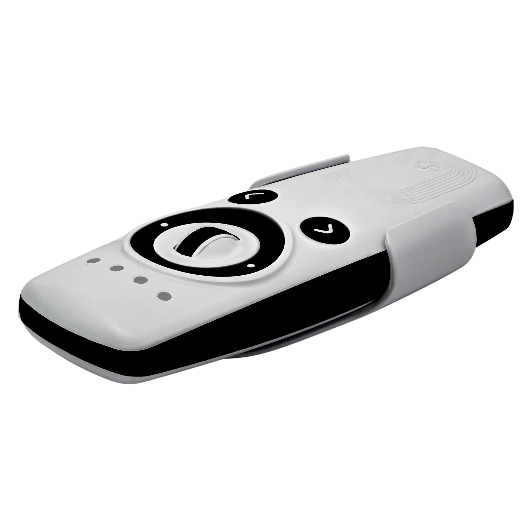 Grauer Logitech Presenter mit schwarzem Rand, Tasten und Drehrad.