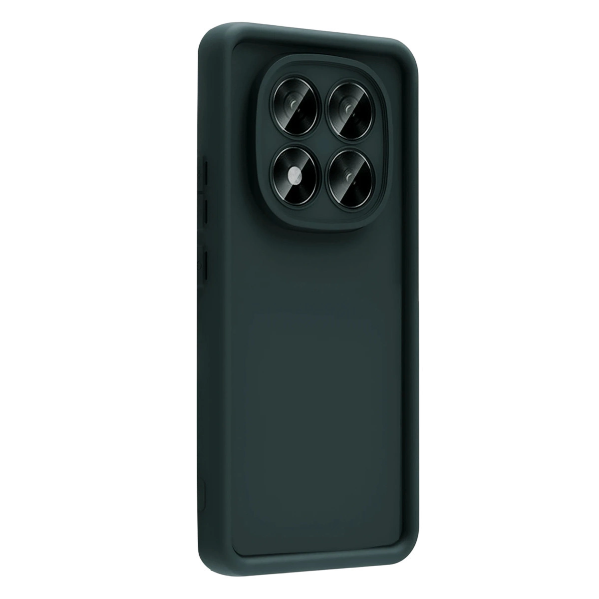 Dört kameralı koyu gri telefon kılıfı, beyaz arka planda.