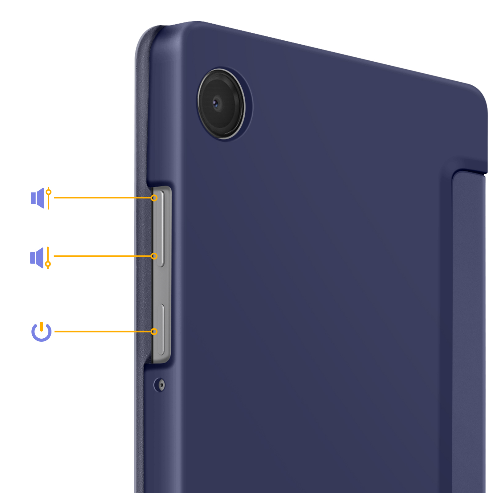 Custodia blu scuro con tasti volume e accensione.