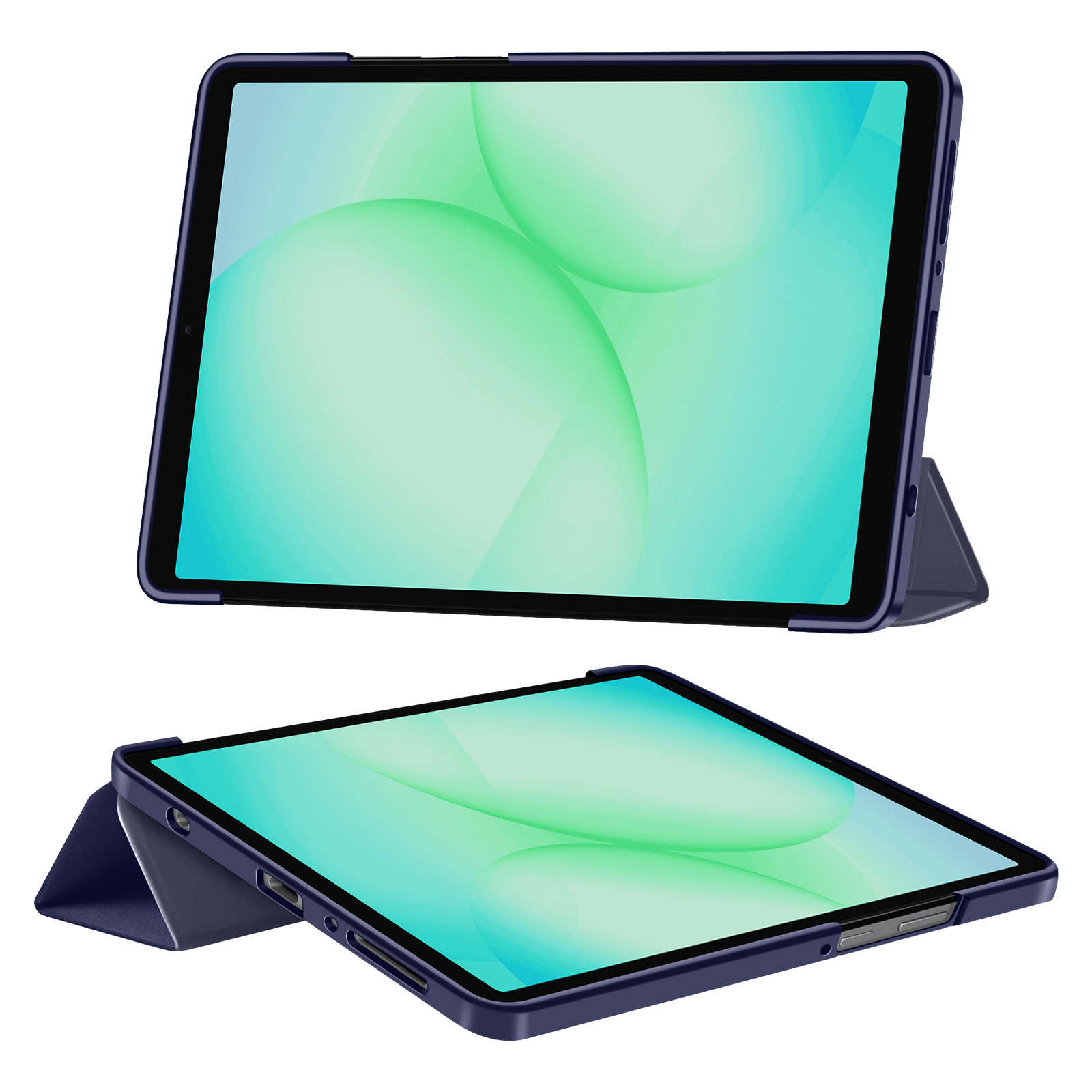 Due viste di una custodia blu scuro per tablet con supporto.