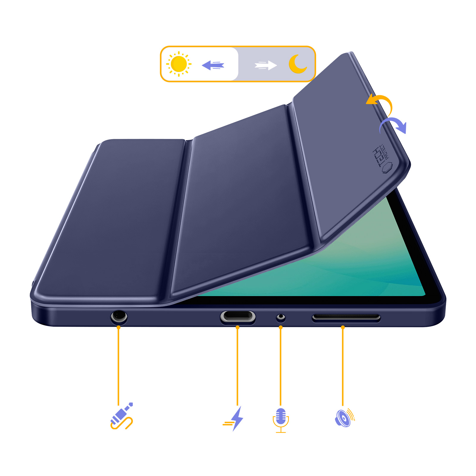 Custodia blu per tablet con porte etichettate: audio, USB, microfono, altoparlante. Indicatore giorno/notte.