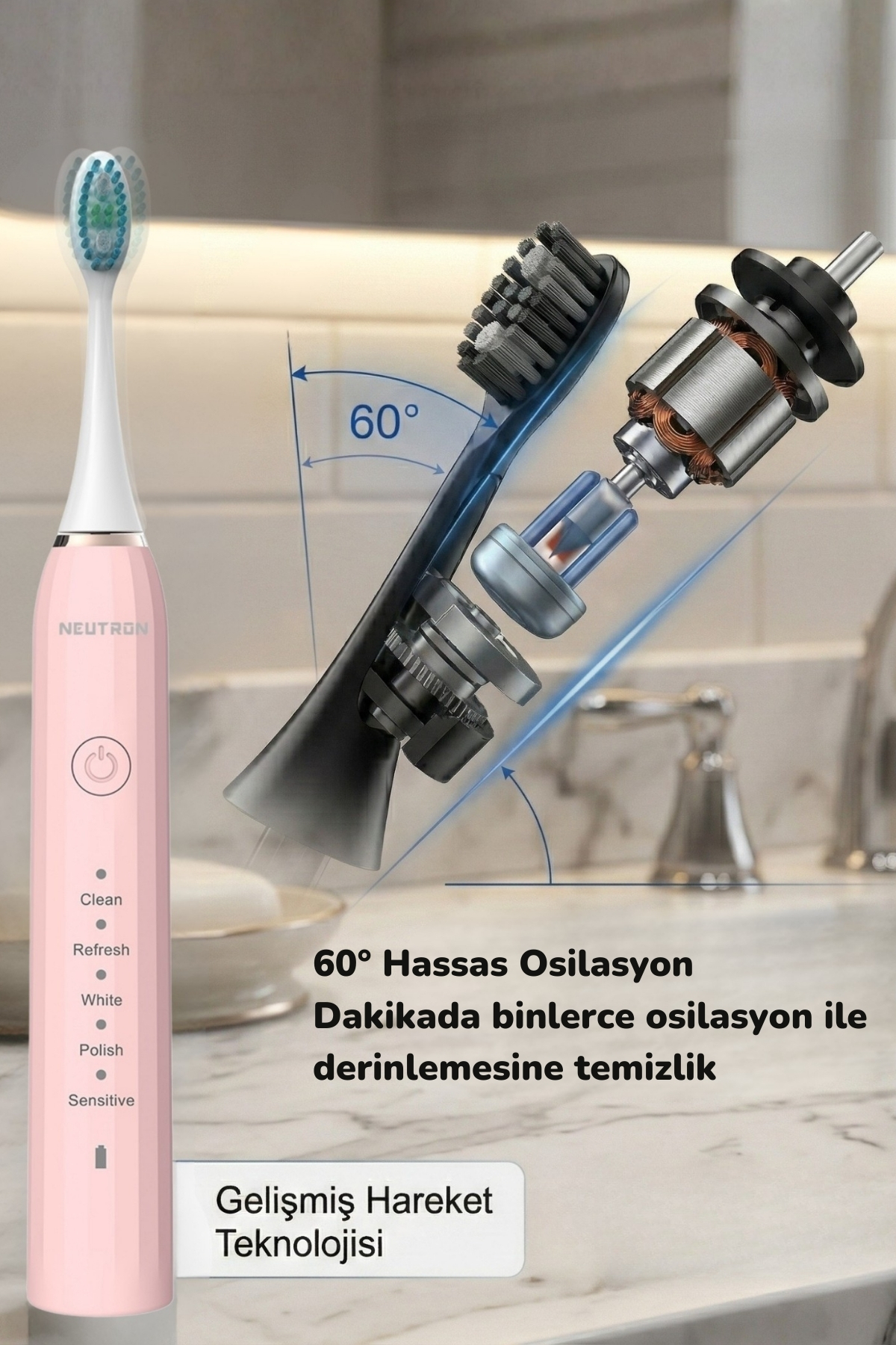60° salınımlı ve motor görünümü olan pembe Neutron sesli diş fırçası.