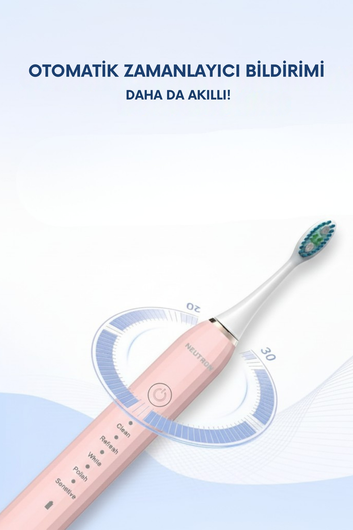 Clean, White ve Sensitive modlu pembe elektrikli diş fırçası. Zamanlayıcı halkası.