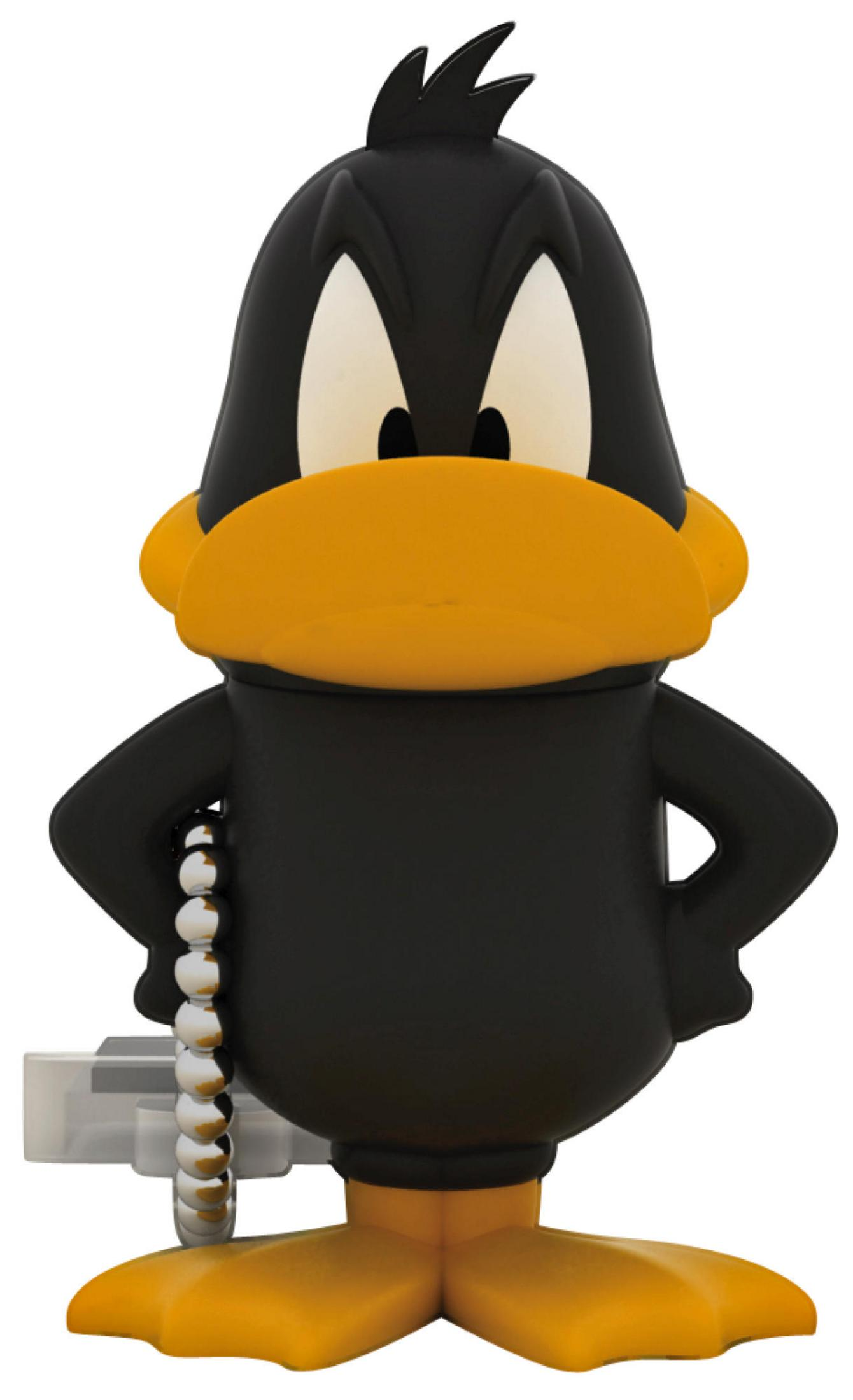 Schwarze Figur mit Schnabel, Augen, Händen und Füßen. Hängt an einer Kette.