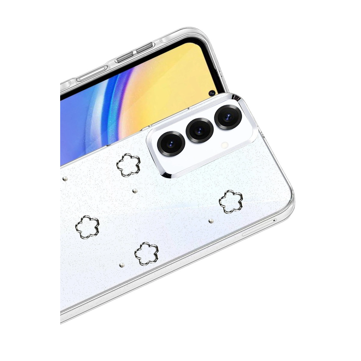 Akıllı telefonda çiçek desenli ve simli şeffaf telefon kılıfı.