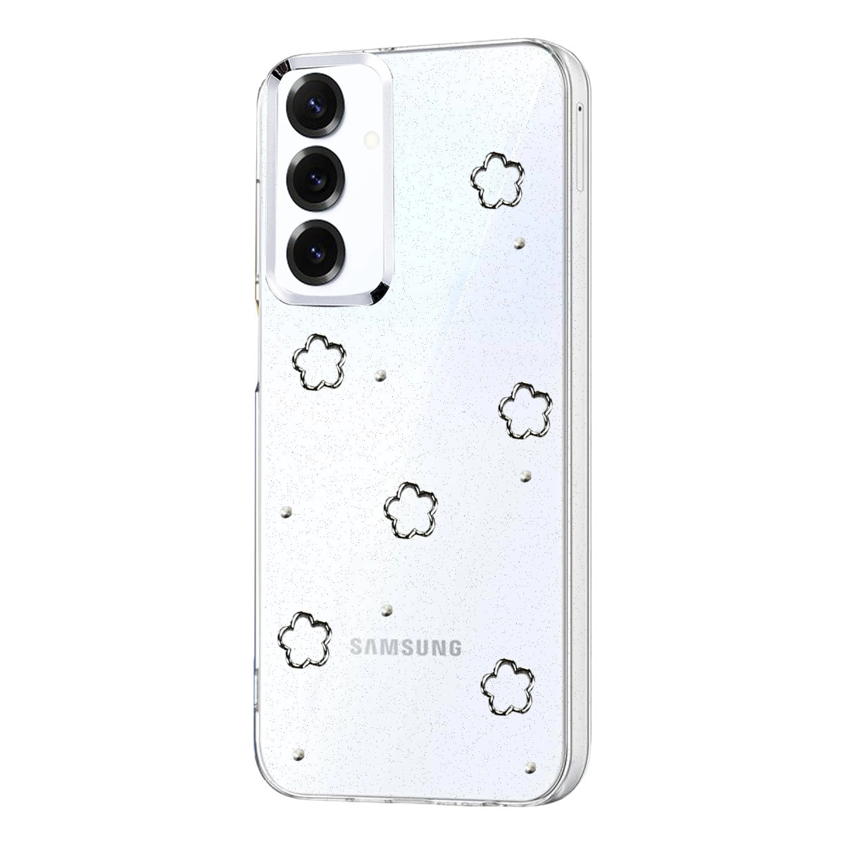 Gümüş çiçekli ve simli şeffaf telefon kılıfı.