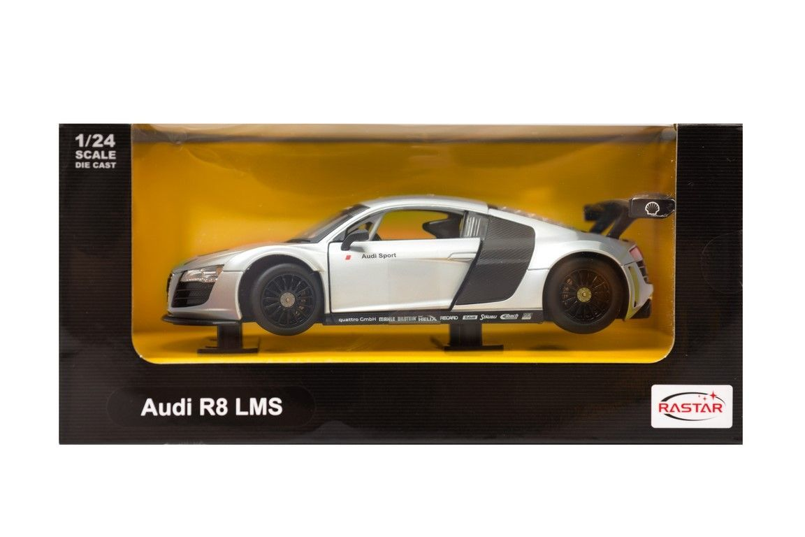 Srebrny model samochodu Audi R8 LMS w pudełku, skala 1:24, ze spojlerem.