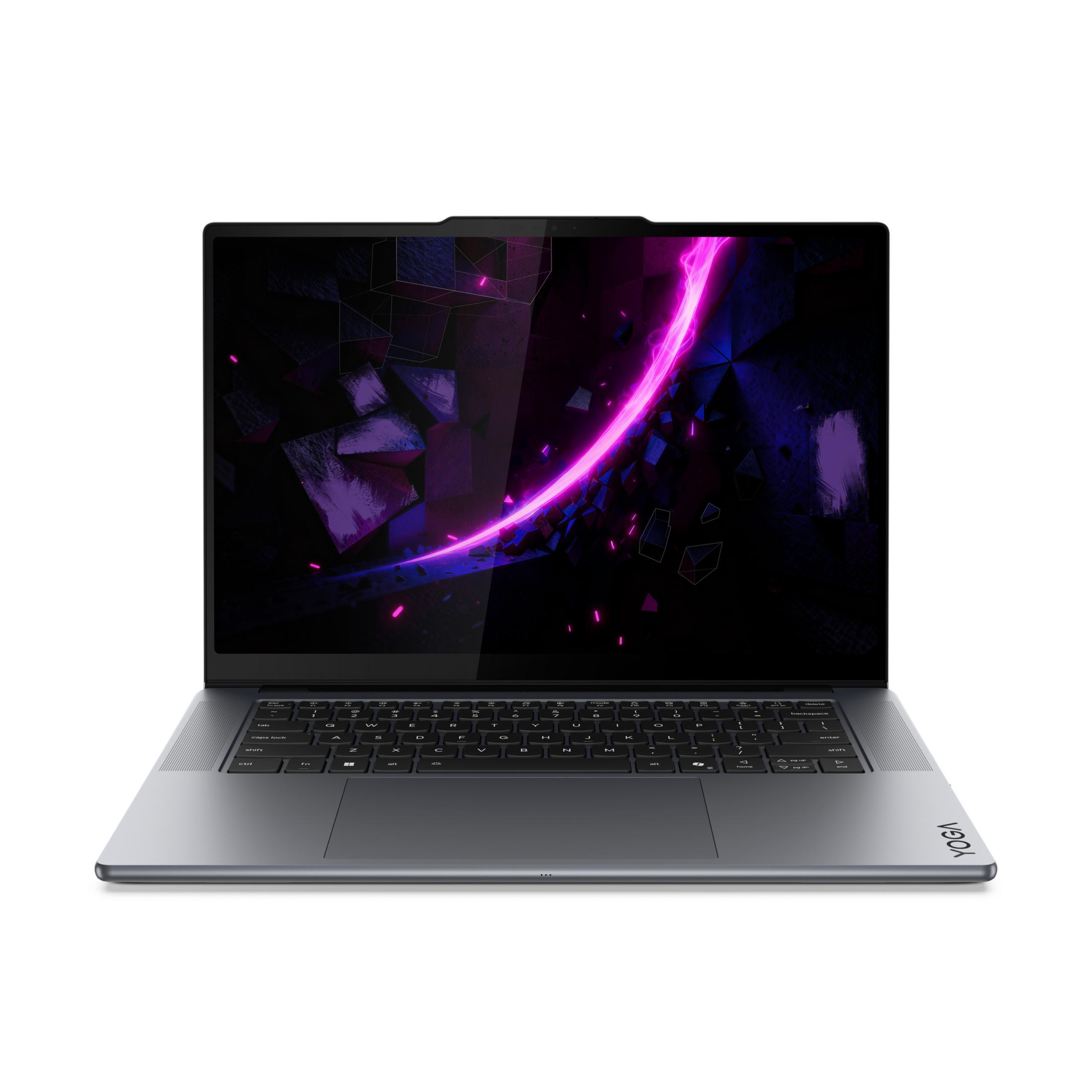 Ein graues Laptop mit leuchtender, abstrakter Grafik auf dem Bildschirm.
