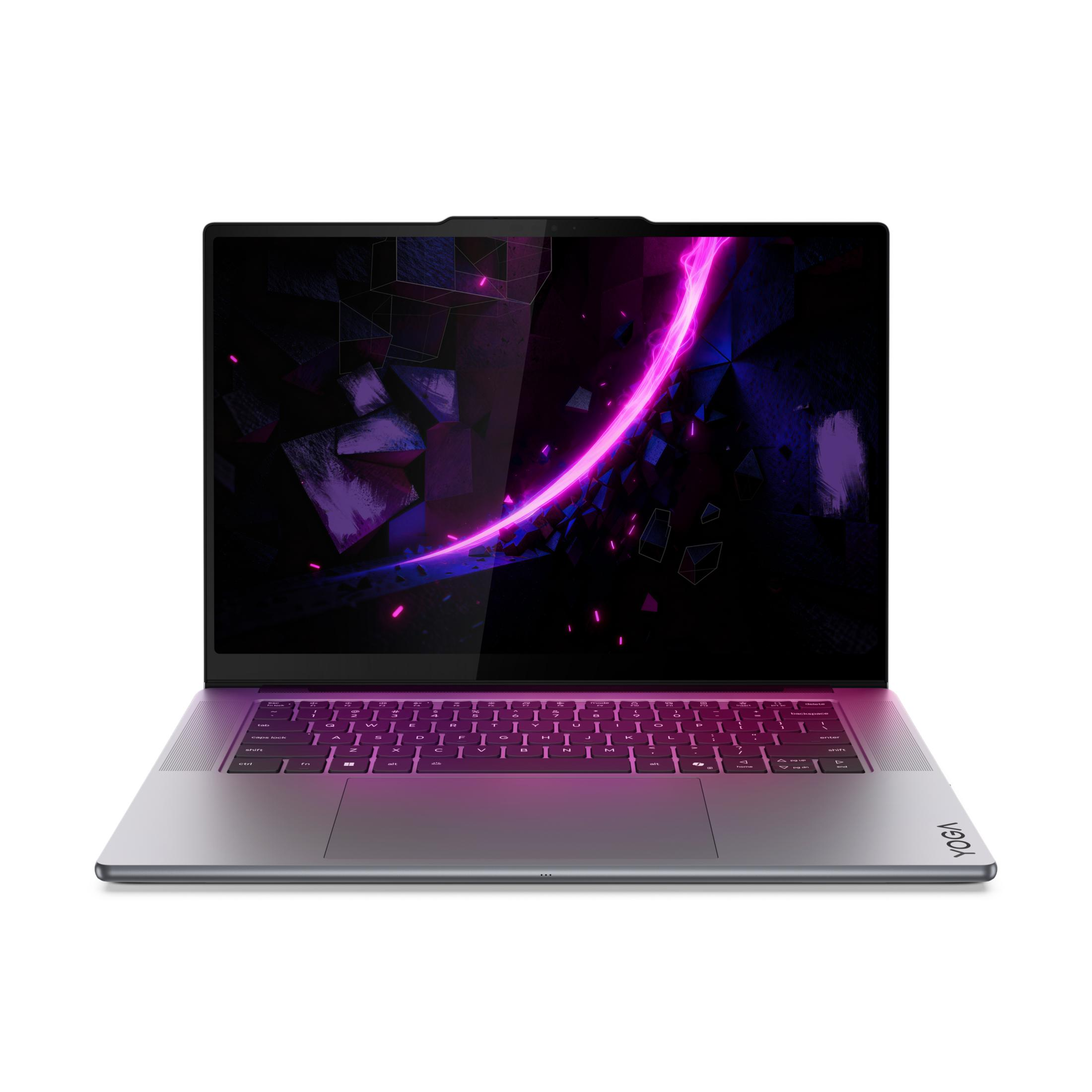 Ein geöffneter Laptop mit einem Neon-Lila-Hintergrundbild und beleuchteter Tastatur.