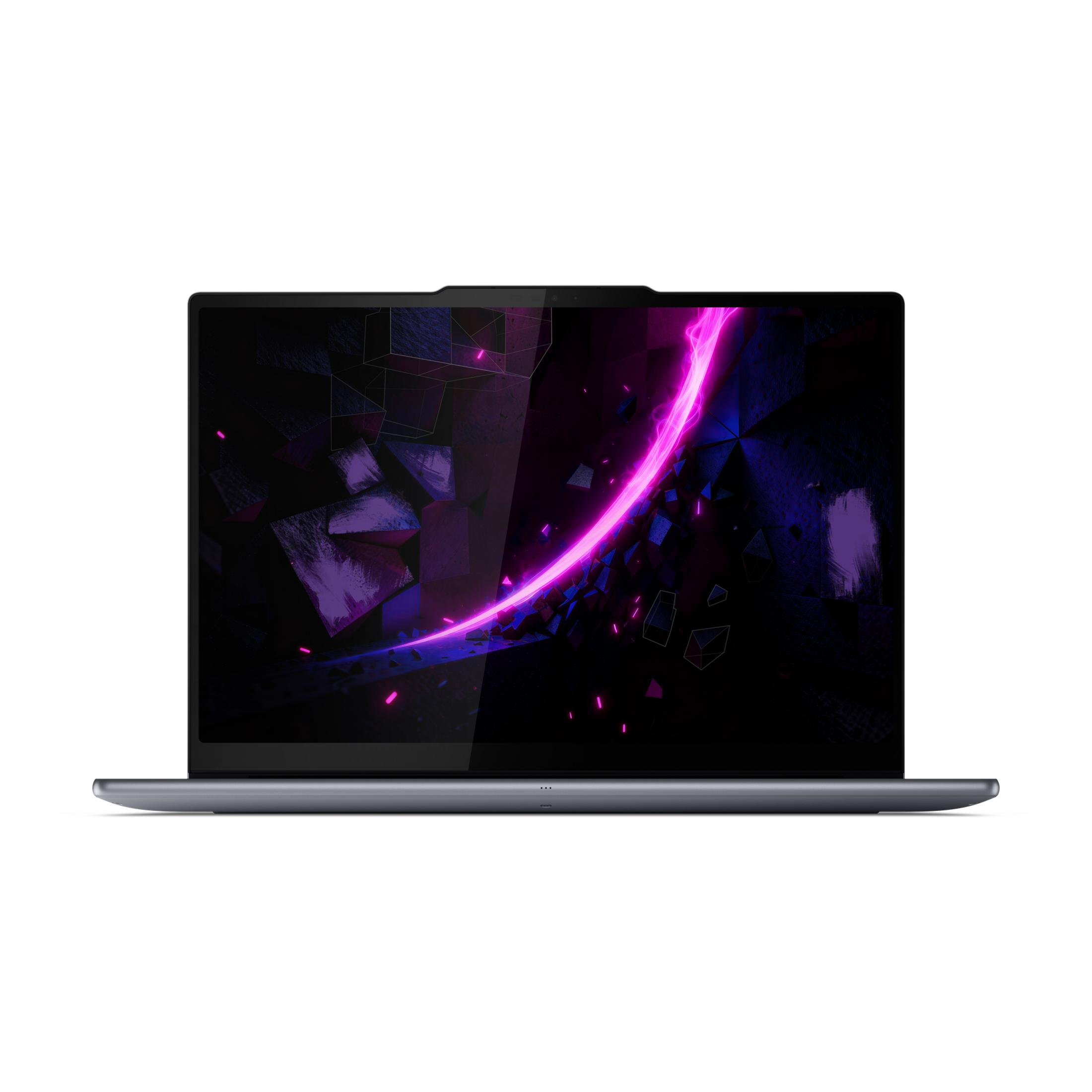 Ein Laptop mit einem dunklen, abstrakten Hintergrund mit violetten und blauen geometrischen Formen.