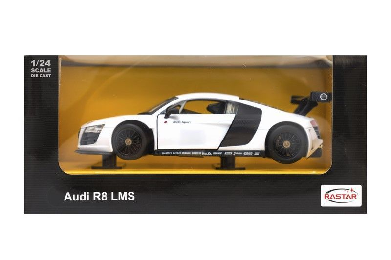 Biały model samochodu Audi R8 LMS w skali 1/24 ze spoilerem, na żółtym stojaku.