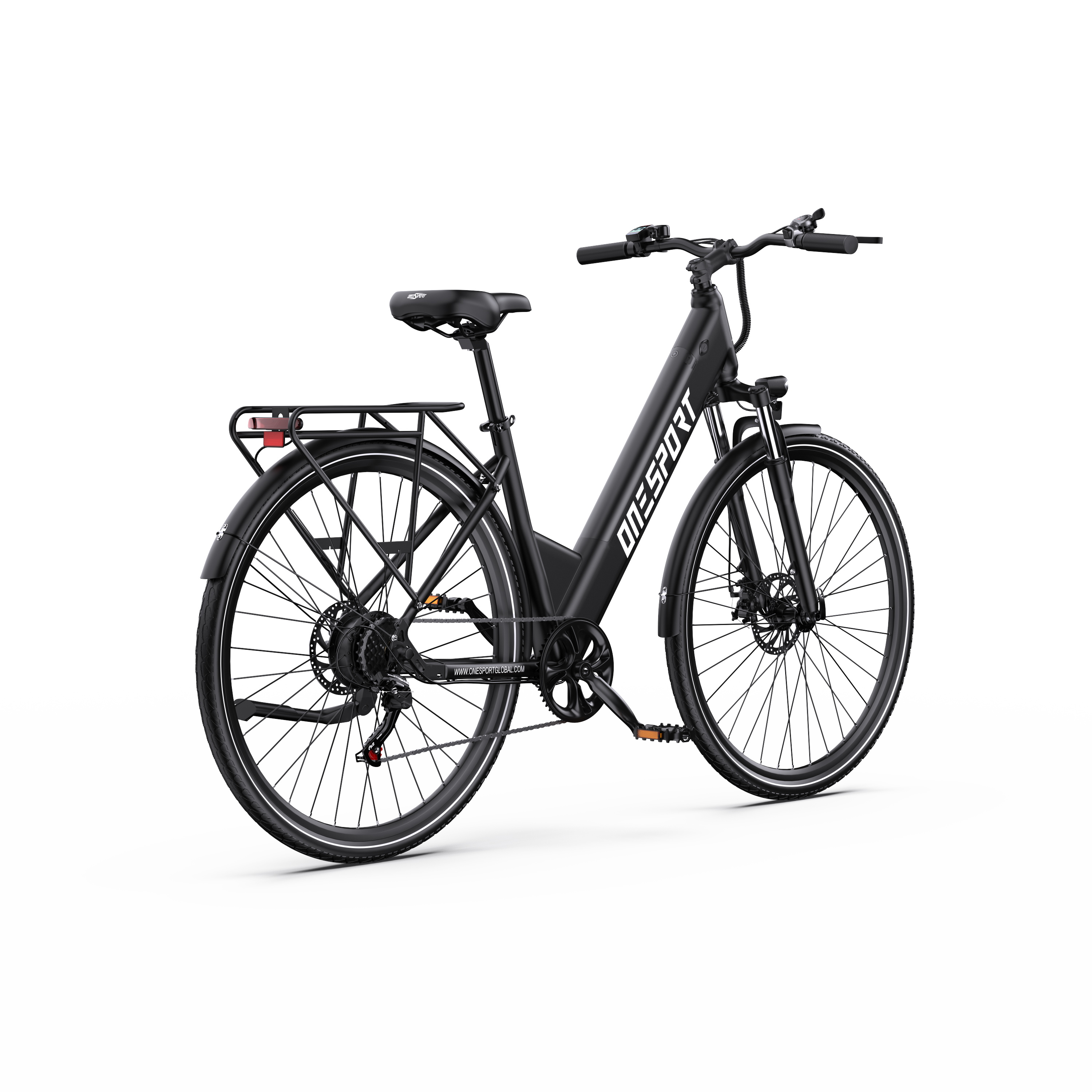 Schwarzes E-Bike mit Gepäckträger, Vorder- und Hinterradfederung.