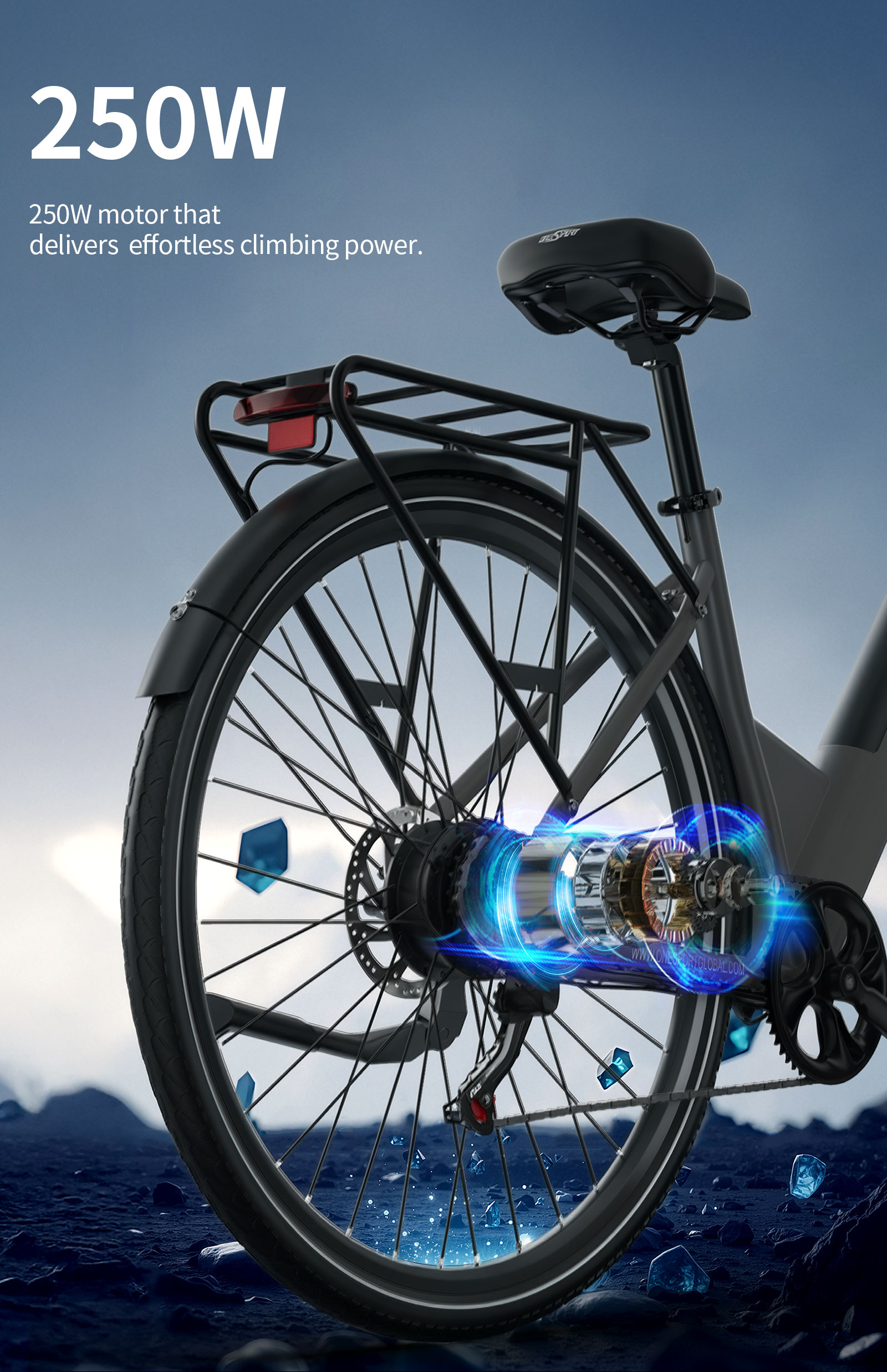 Nahaufnahme des Hinterrads eines Fahrrads mit sichtbarem 250-W-Motor und blauen Energieeffekten.
