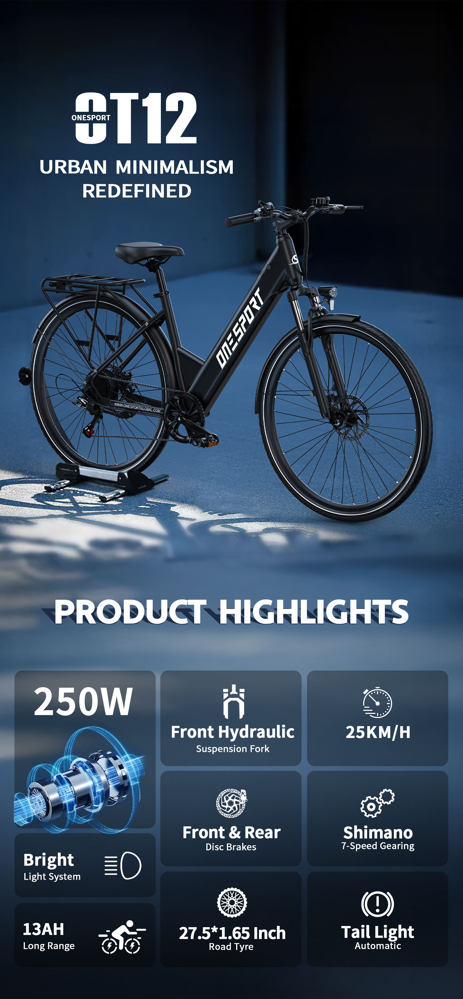 Schwarzes E-Bike mit Produkt-Highlights: 250W, hydraulische Federgabel, 25km/h.