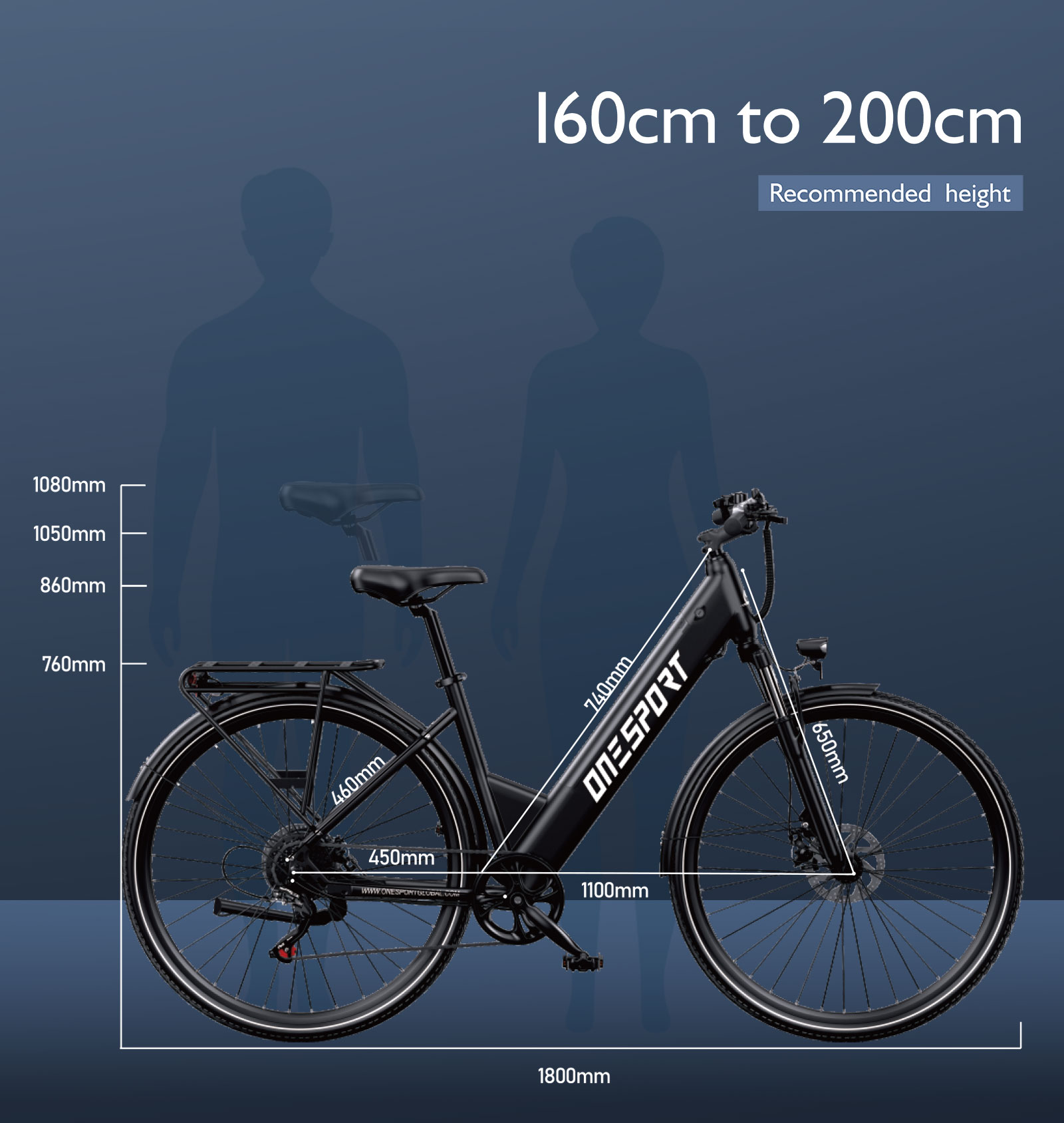 Schwarzes E-Bike mit Maßen und empfohlener Körpergröße.