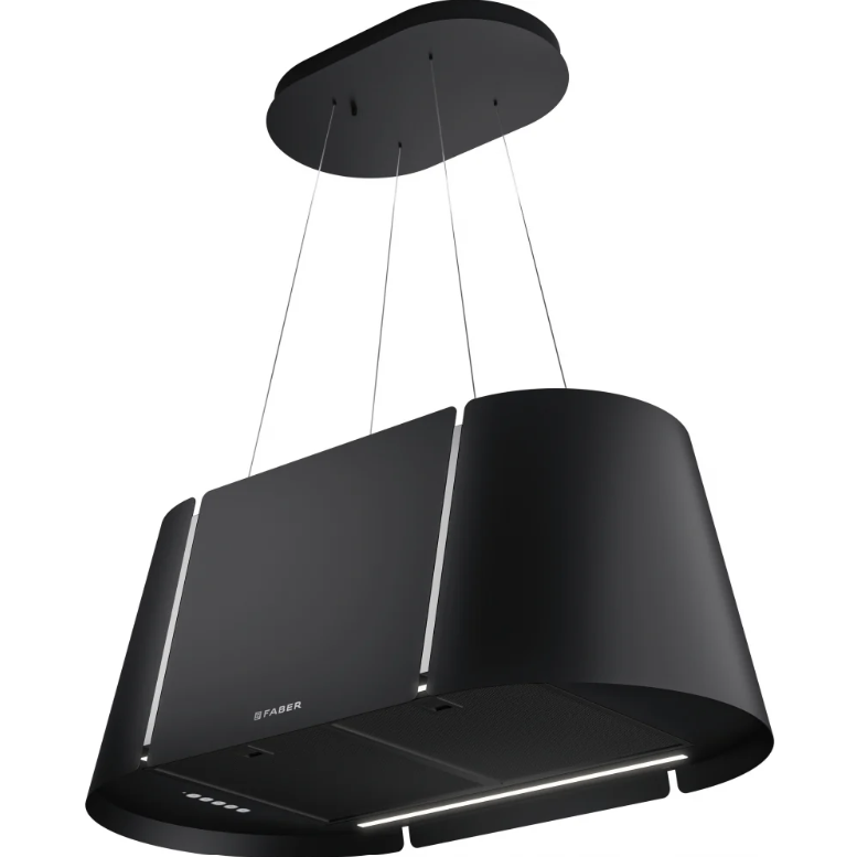 Eliptik tavan plakalı ve LED aydınlatmalı siyah ada davlumbaz.