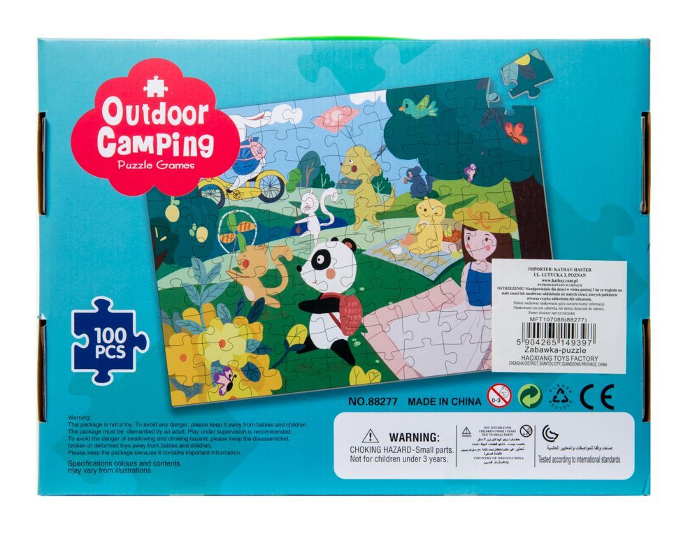 Pudełko puzzli ze sceną kempingową, pandy, króliki, niedźwiedzie, 100 szt.