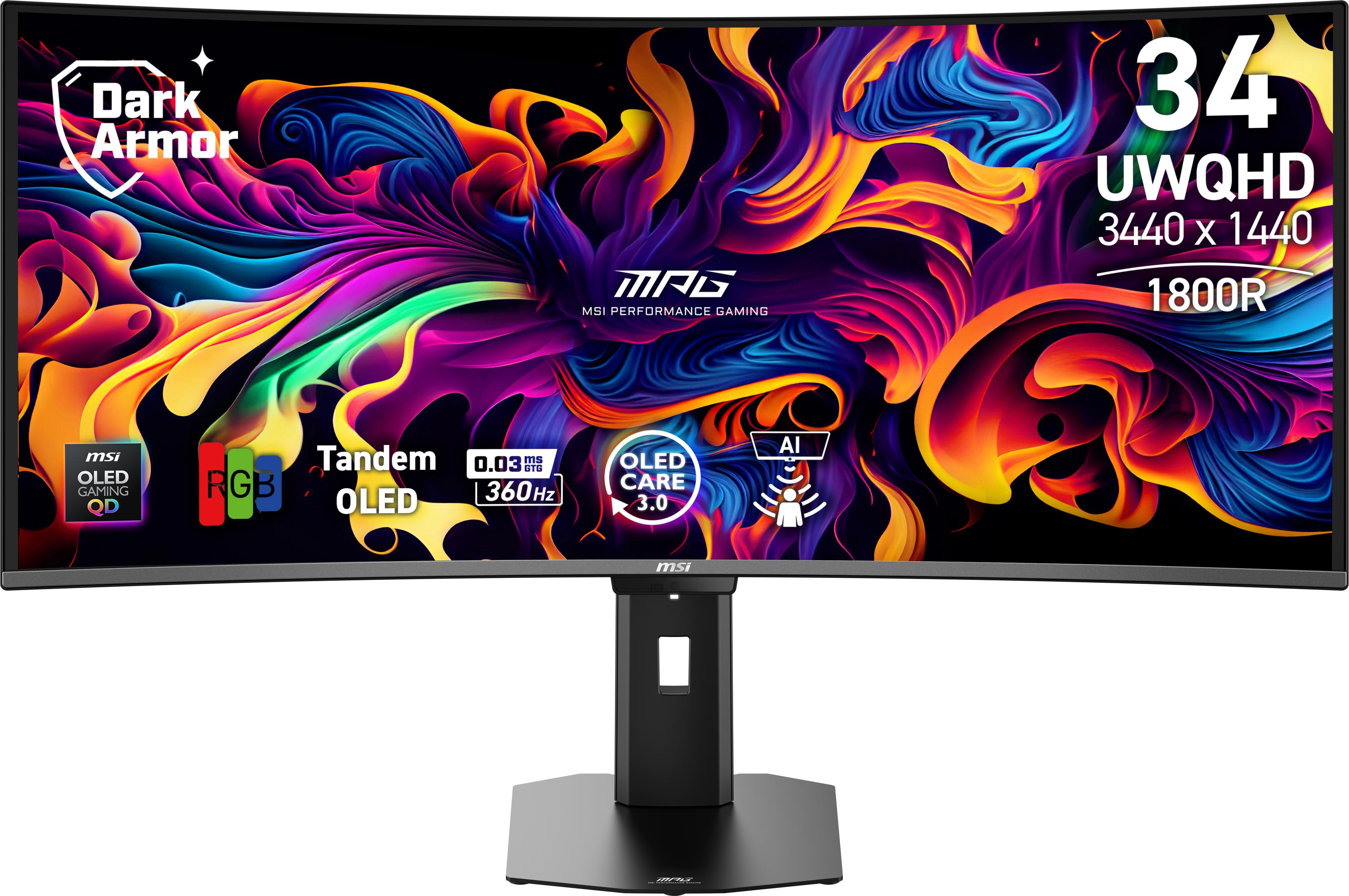 Ein gekrümmter MSI-Monitor mit lebendigem, abstrakten Hintergrund und technischen Spezifikationen.