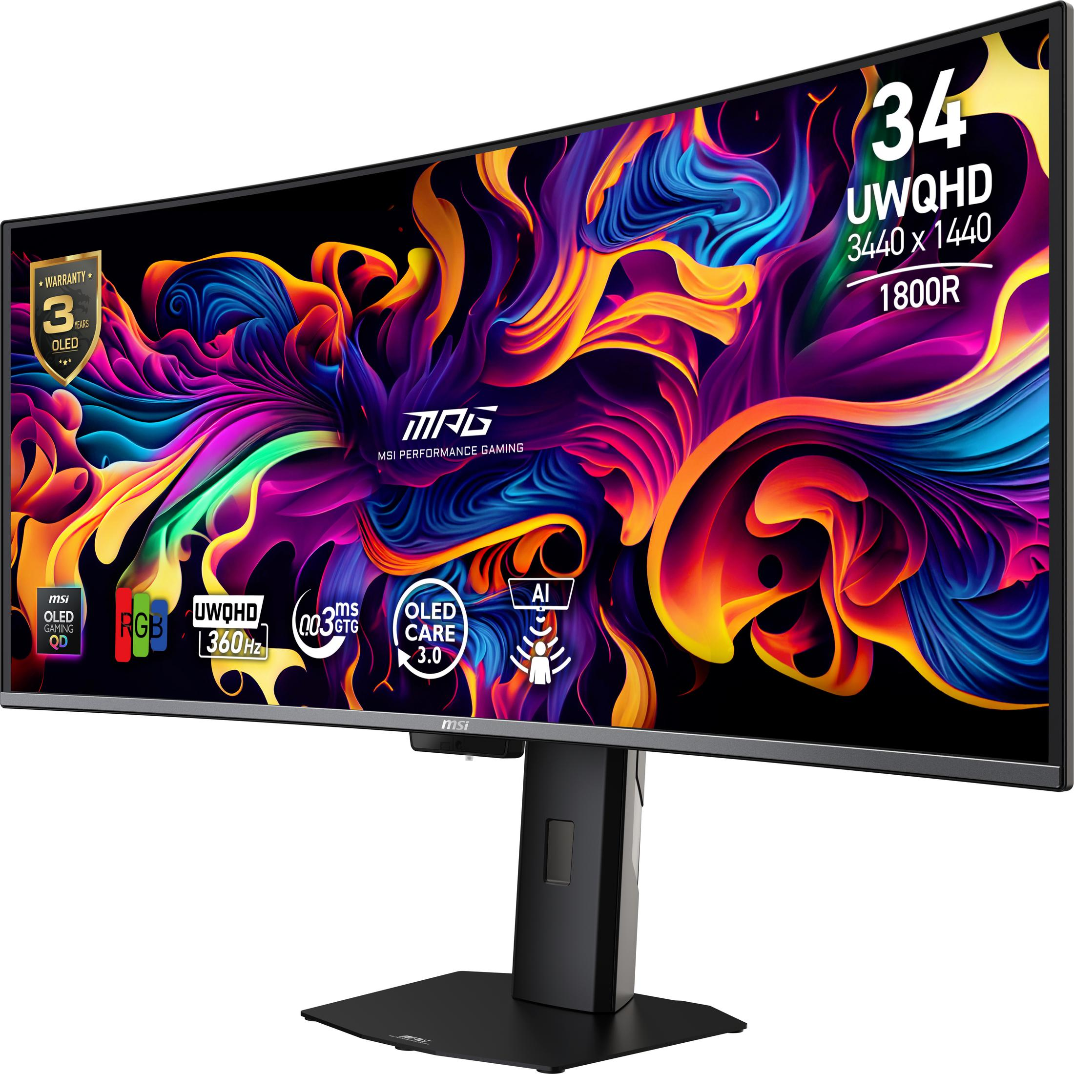 Ein gekrümmter 34-Zoll-UWQHD-OLED-Monitor mit lebendiger abstrakter Grafik.
