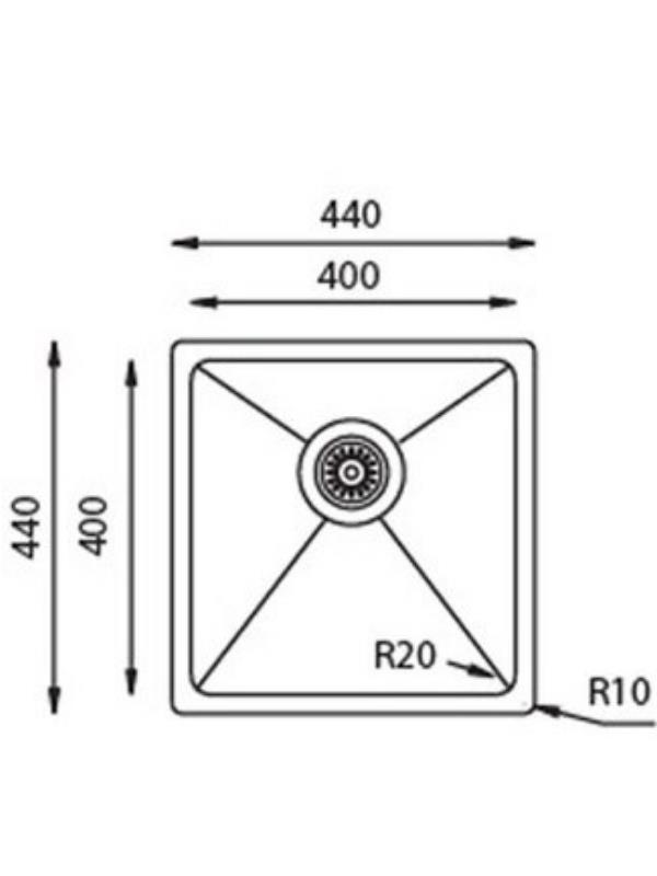 440x400mm boyutlarında ve yarıçaplarında lavabo teknik çizimi.