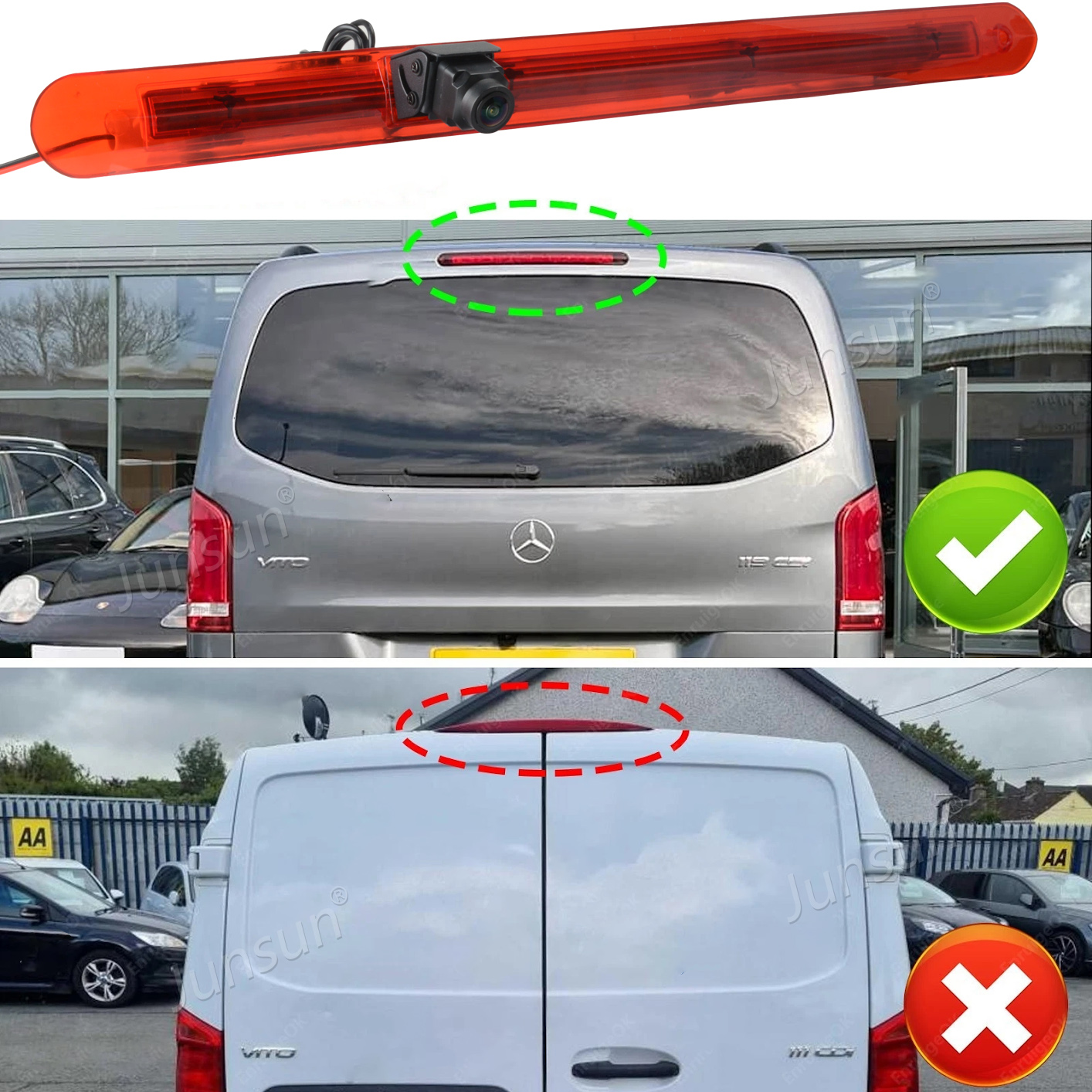 Rückfahrkamera über dem Nummernschild, montiert auf einem roten Lichtbalken.