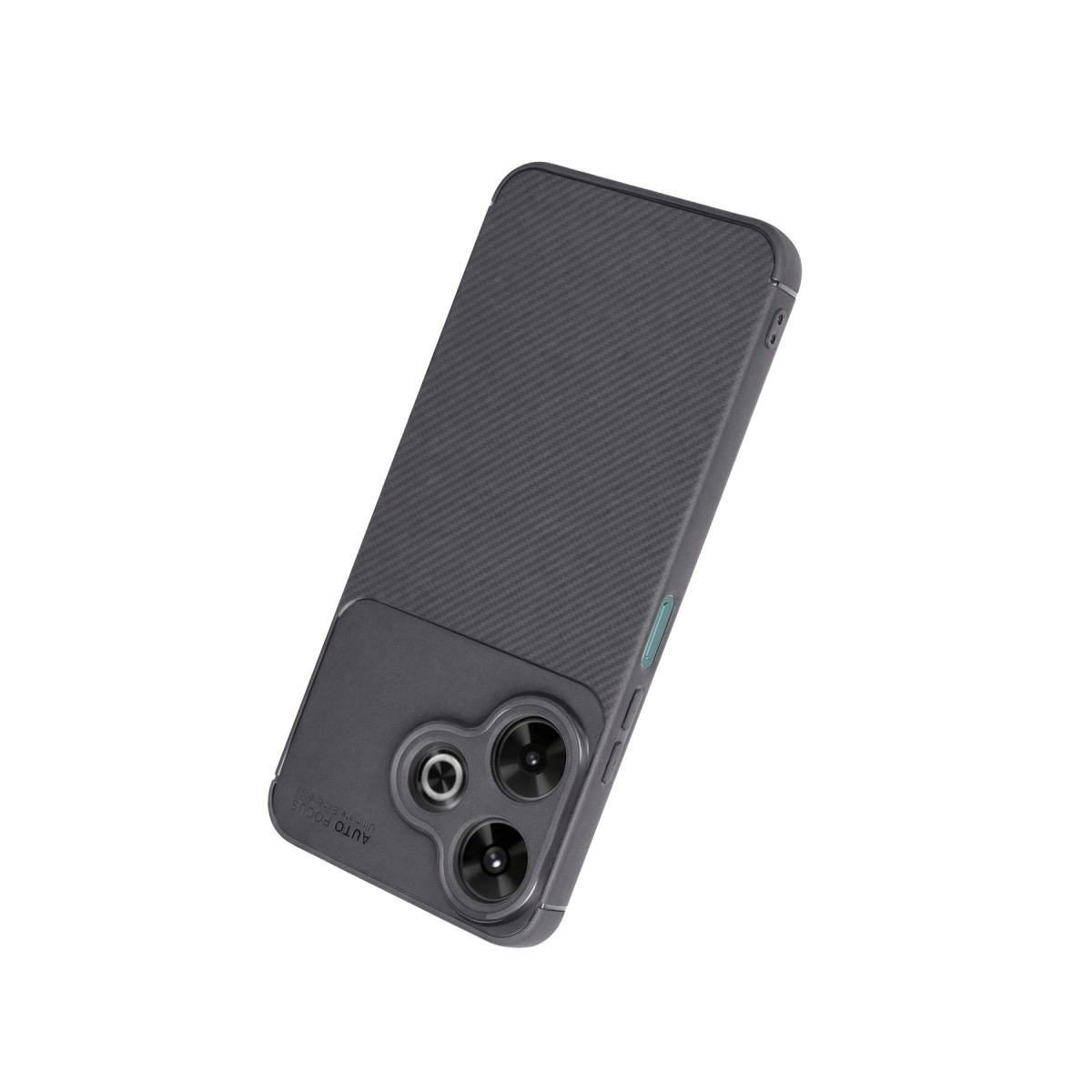 Arkası karbon fiber dokulu gri telefon kılıfı, üç kamera lensi bulunuyor.
