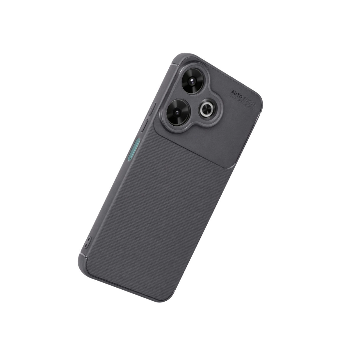 Karbon desenli, üç kameralı koyu gri telefon. Beyaz arka planda.