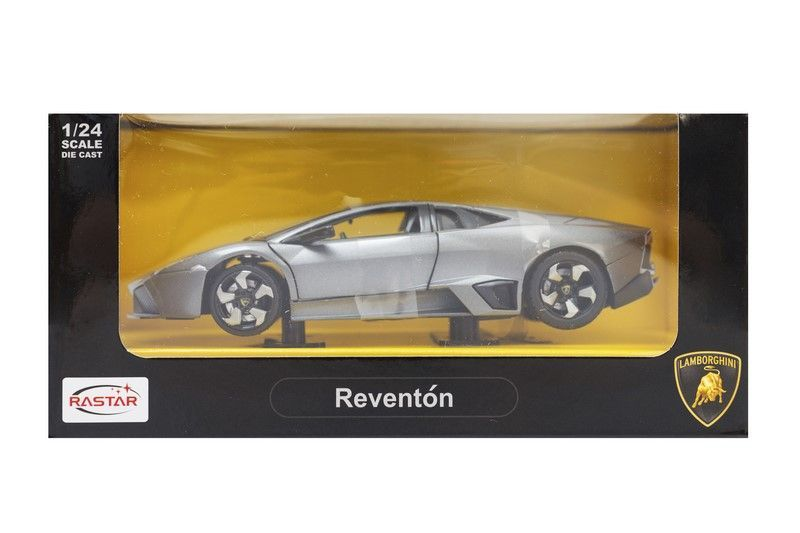 Srebrny samochodzik Lamborghini Reventón w opakowaniu.