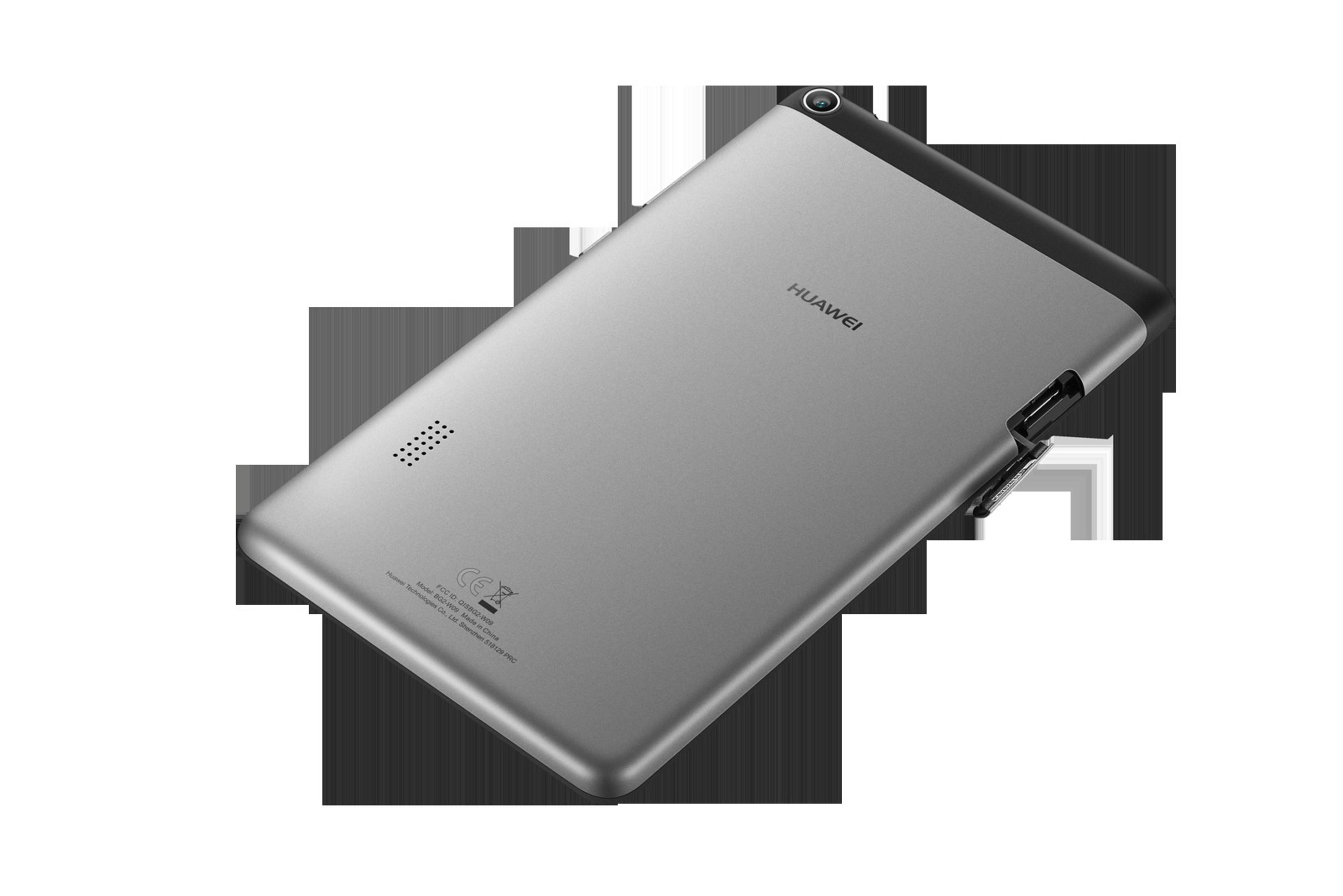 Rückseite eines silbernen Huawei-Tablets mit Kamera und Anschlüssen.