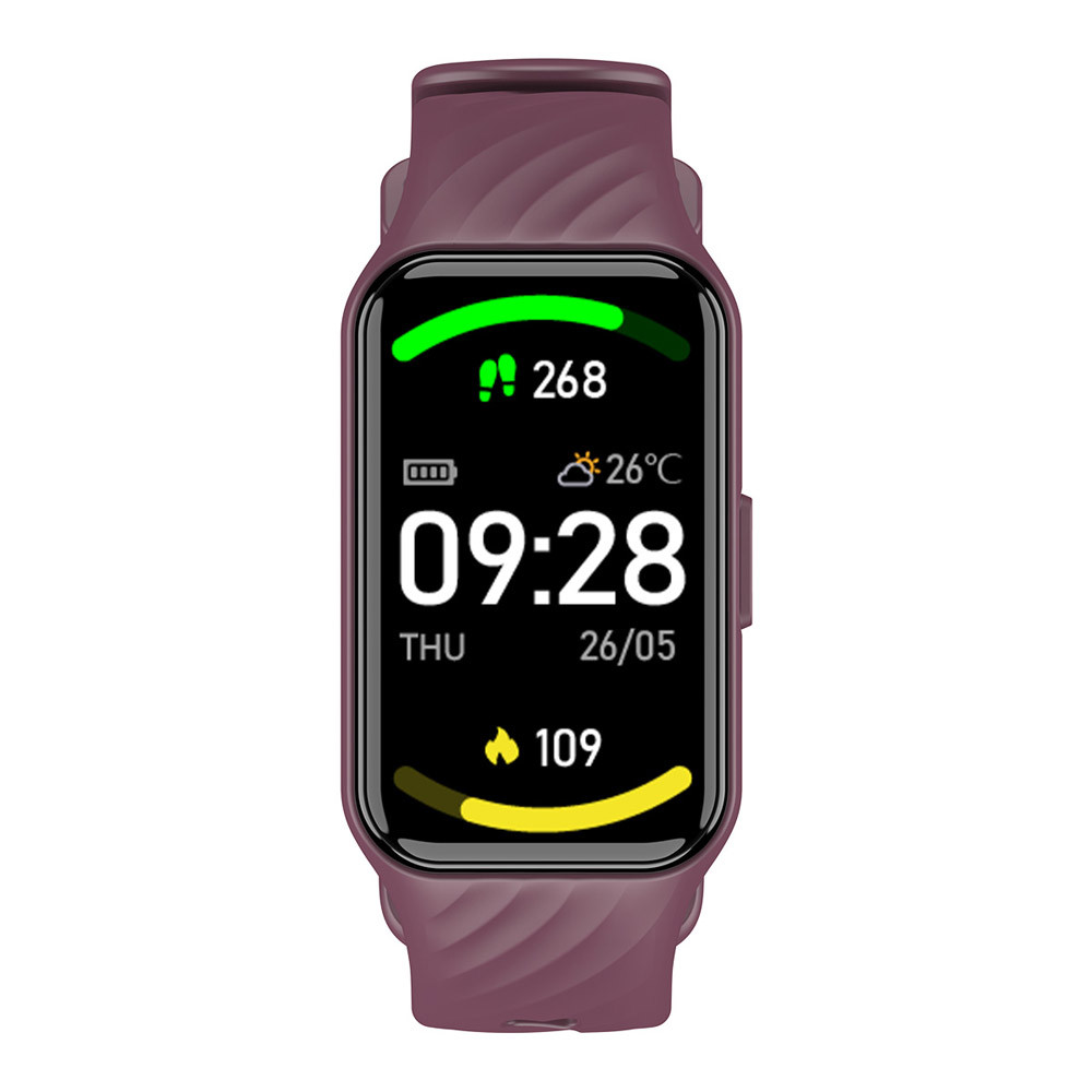 Uno smartwatch viola mostra 268 passi, 26°C, ore 09:28, giovedì 26/05 e 109 bpm.