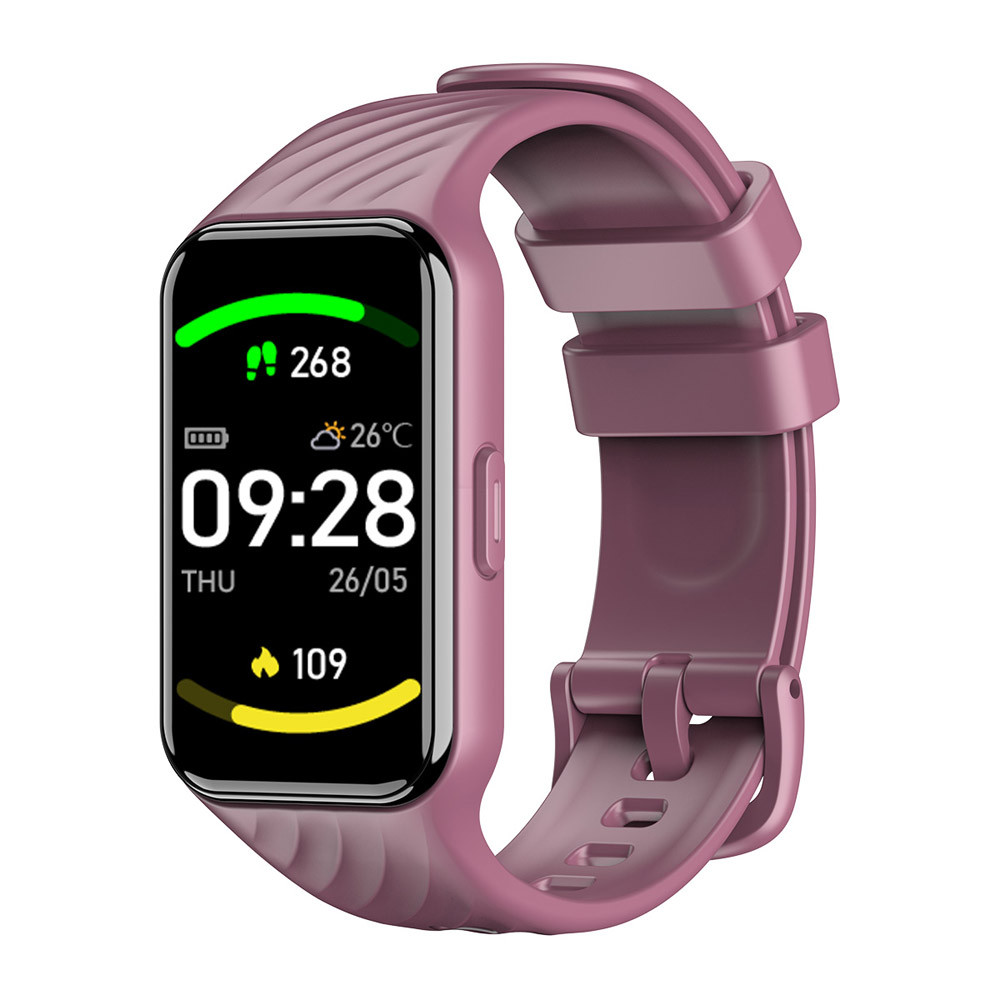 Uno smartwatch rosa con display nero che mostra ora, data, temperatura e battito cardiaco.