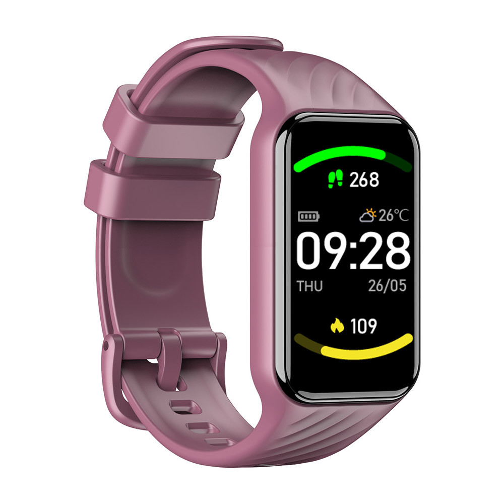 Fitness tracker viola con schermo nero che mostra ora, data, temperatura e passi.