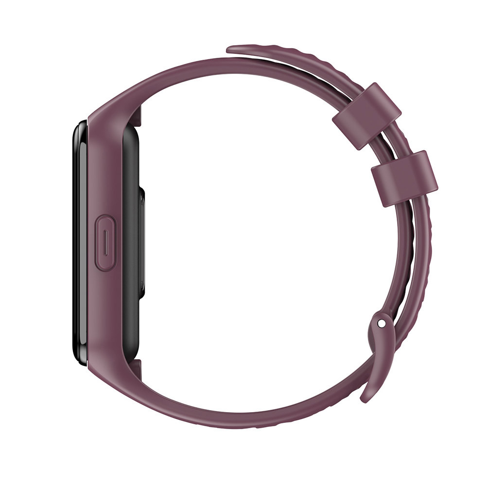 Uno smartwatch viola con schermo scuro e pulsante laterale.