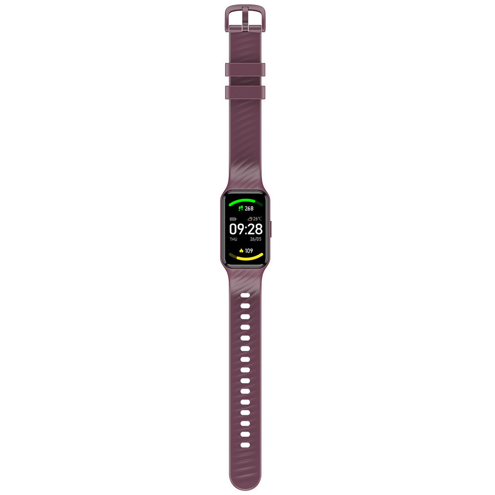 Un cinturino viola per smartwatch con display digitale che mostra ora e dati fitness.