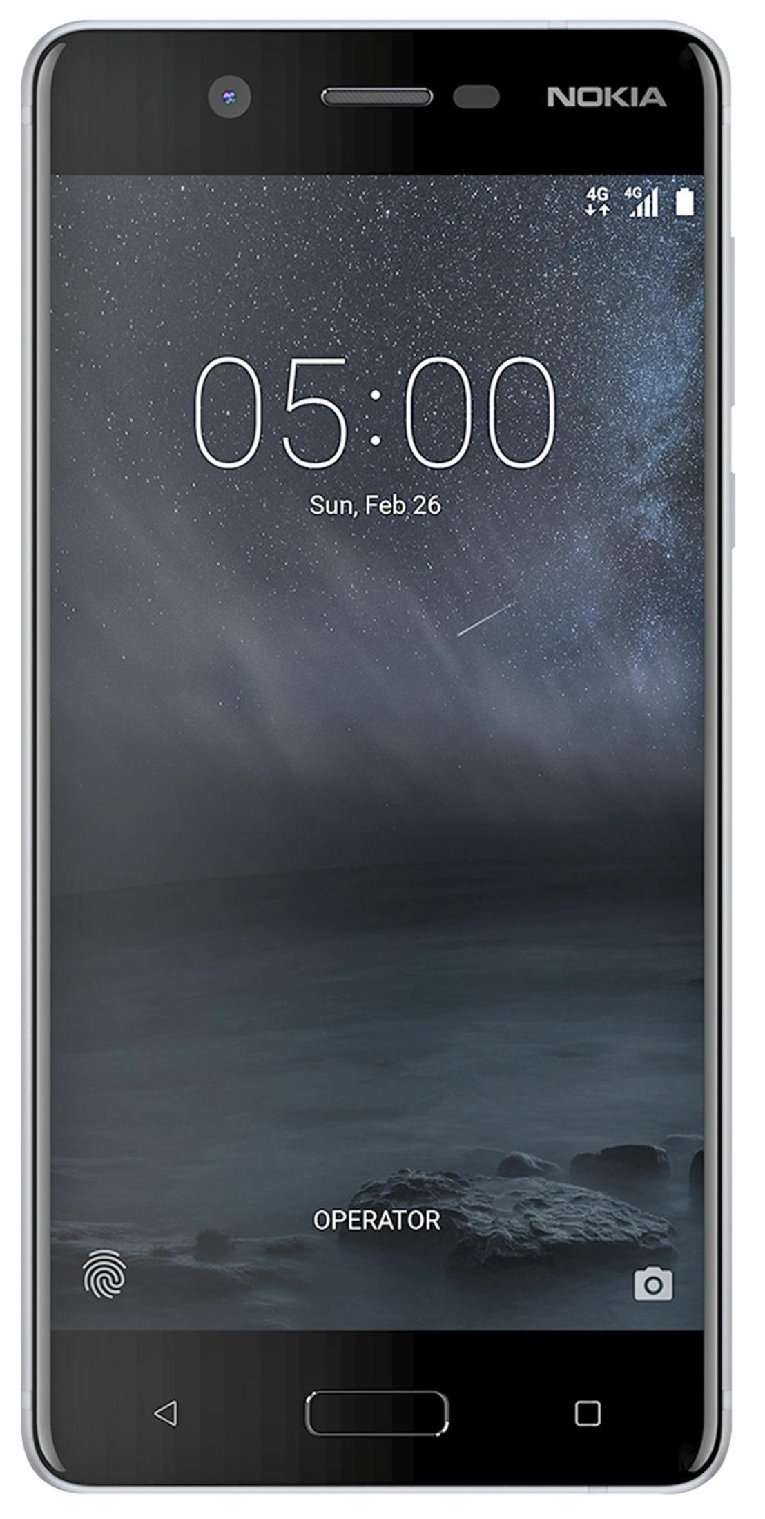 Nokia Smartphone mit Sternenhimmel-Hintergrund. Zeigt 05:00 Uhr, Sun, Feb 26.