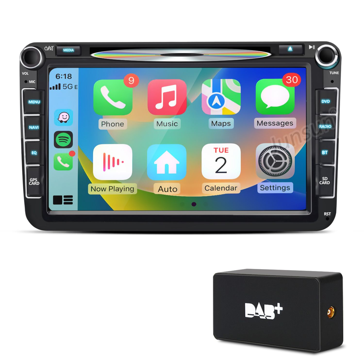 Ein Autoradio mit Touchscreen zeigt iPhone-Apps und ein DAB+-Modul.