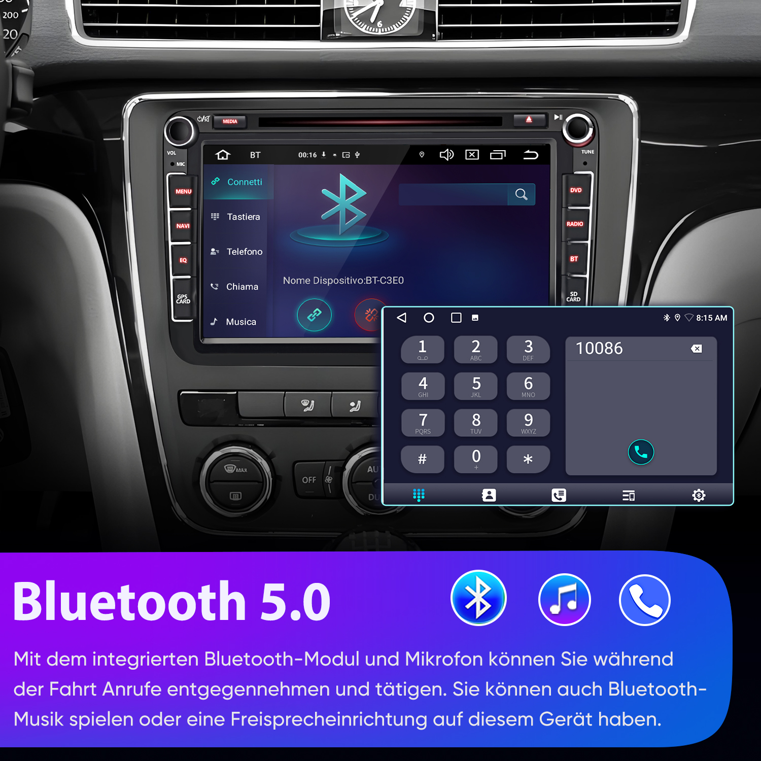 Autoradio-Bildschirm zeigt Telefon-Wählfeld mit Nummer 10086 und Bluetooth-Symbol.