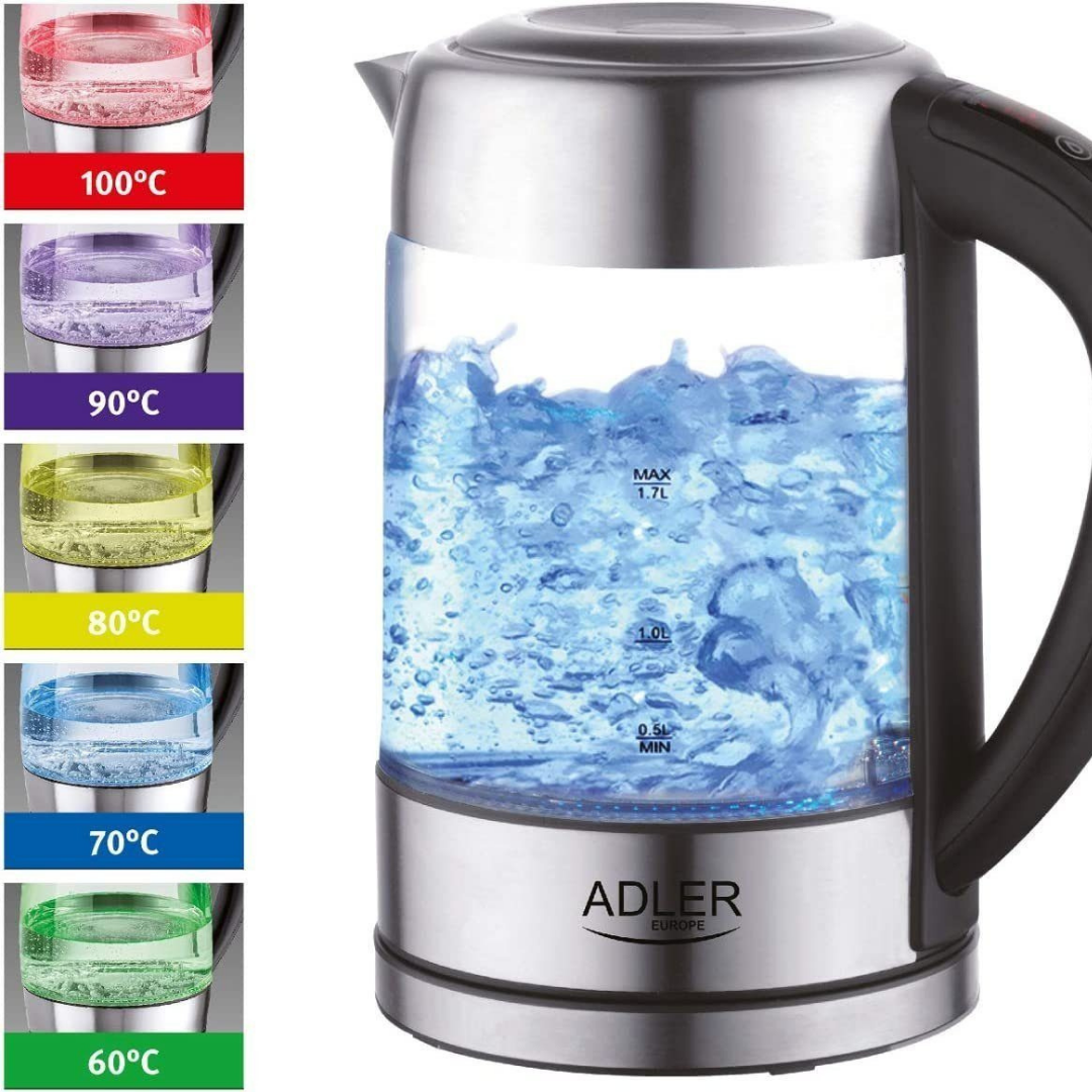 Glaskessel mit kochendem Wasser, zeigt Temperatureinstellungen 60-100C.