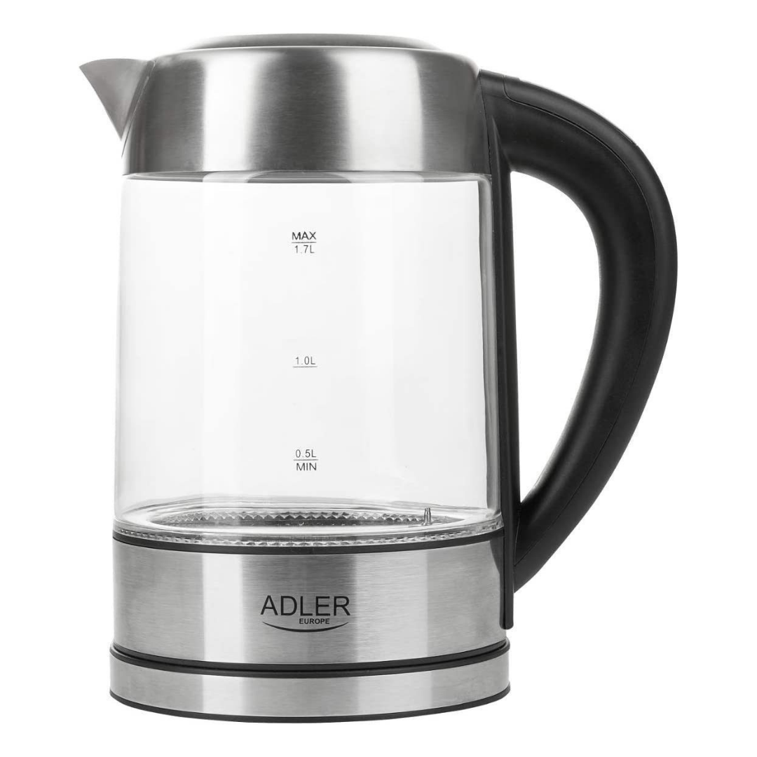 Ein transparenter Wasserkocher aus Glas mit Edelstahlbasis und schwarzem Griff.