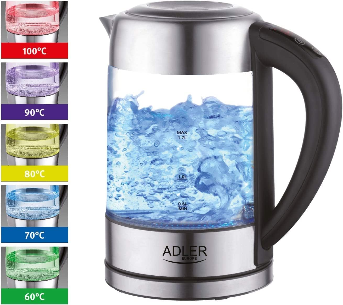 Ein elektrischer Wasserkocher mit Glasbehälter und blau leuchtendem Wasser.