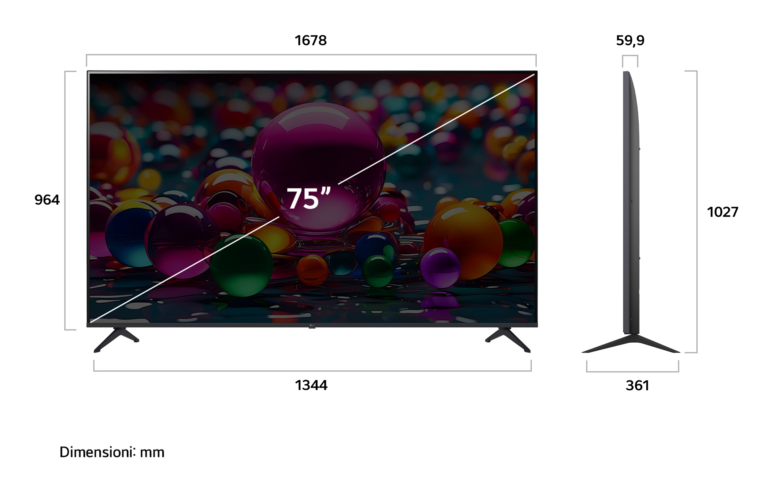 TV da 75 pollici con sfere colorate, vista laterale con dimensioni.