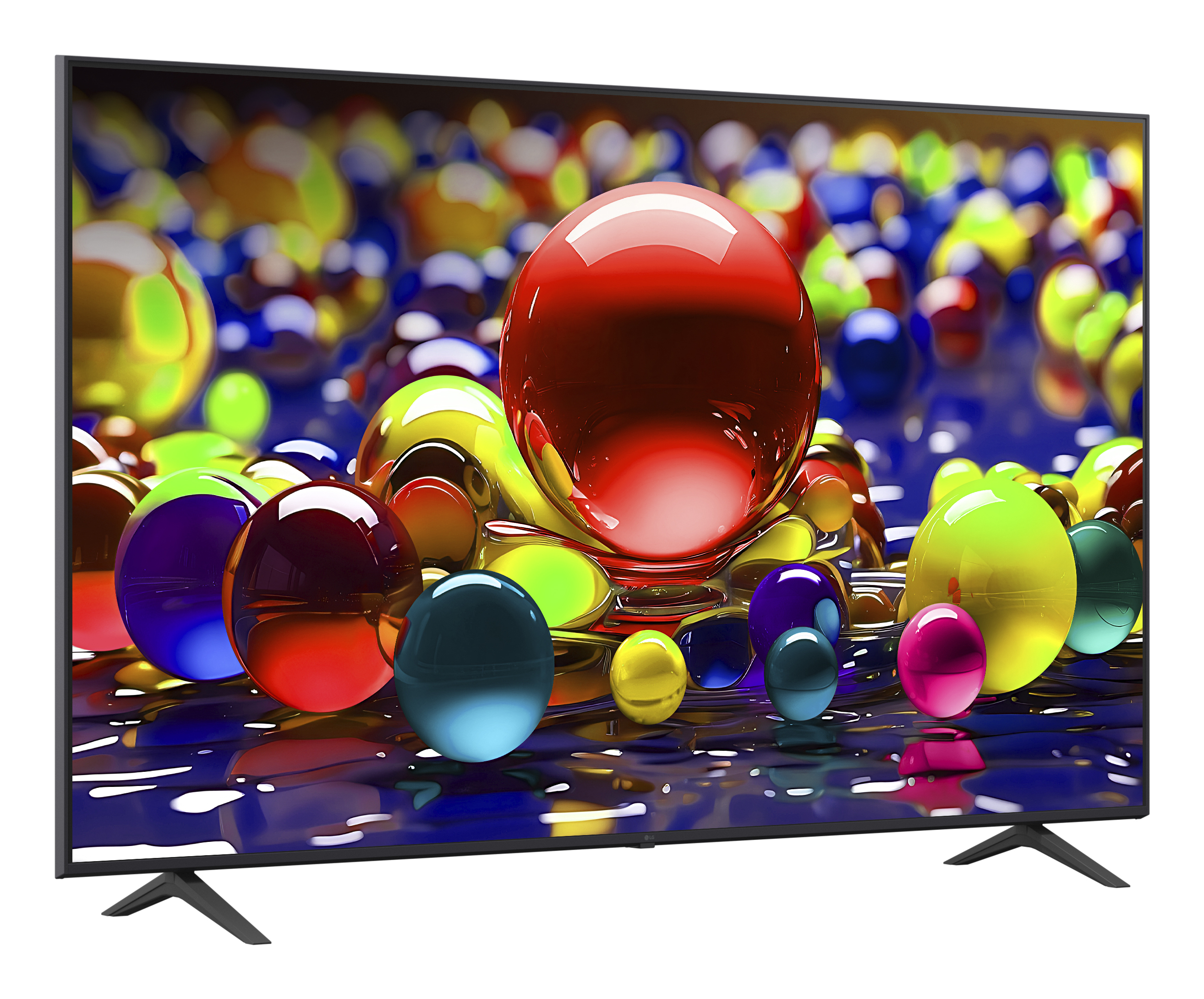 Uno schermo TV mostra un mix colorato di sfere lucide su una superficie liquida.