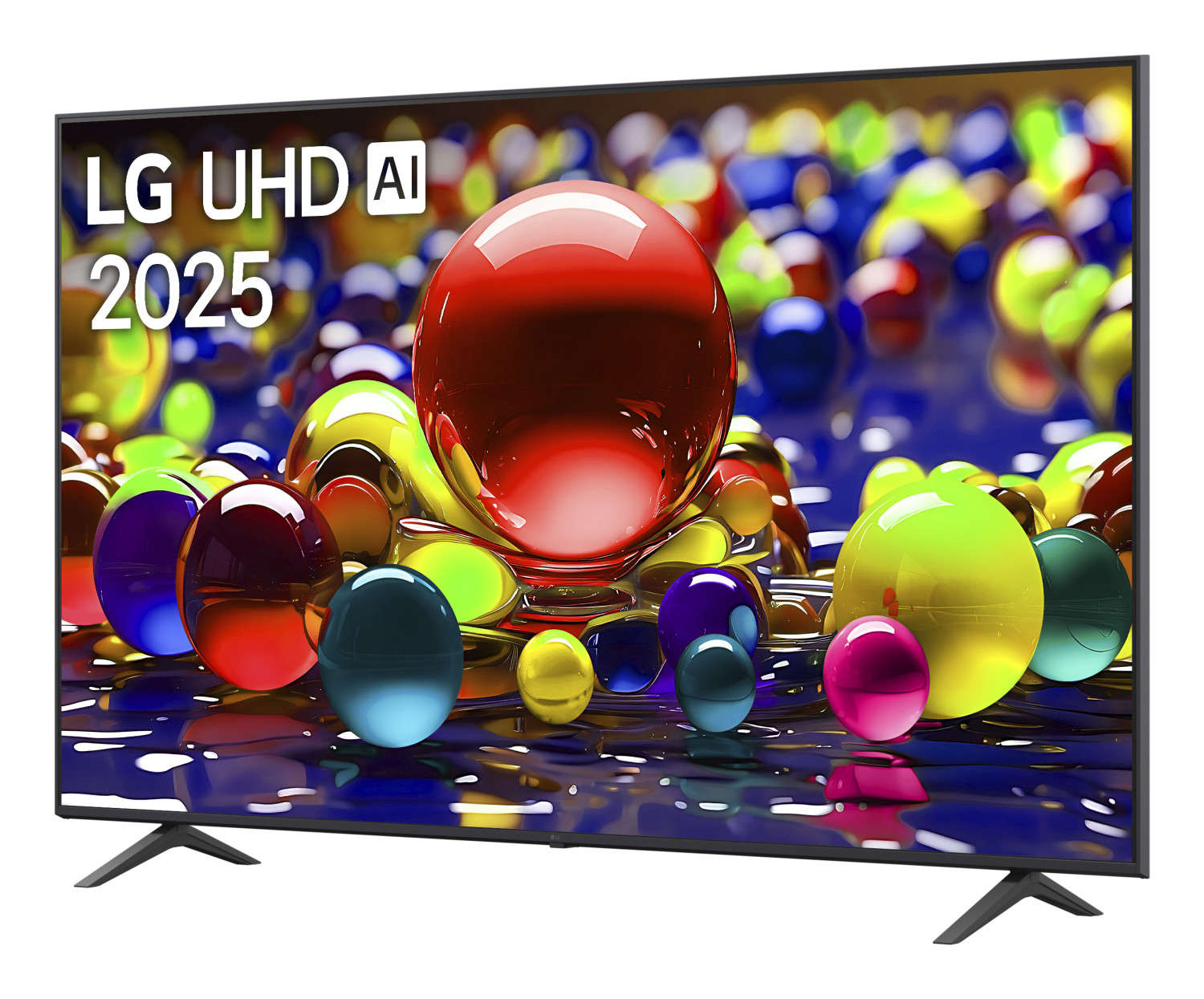 TV LG UHD AI 2025 mostra sfere colorate e lucide in un motivo astratto e vibrante.