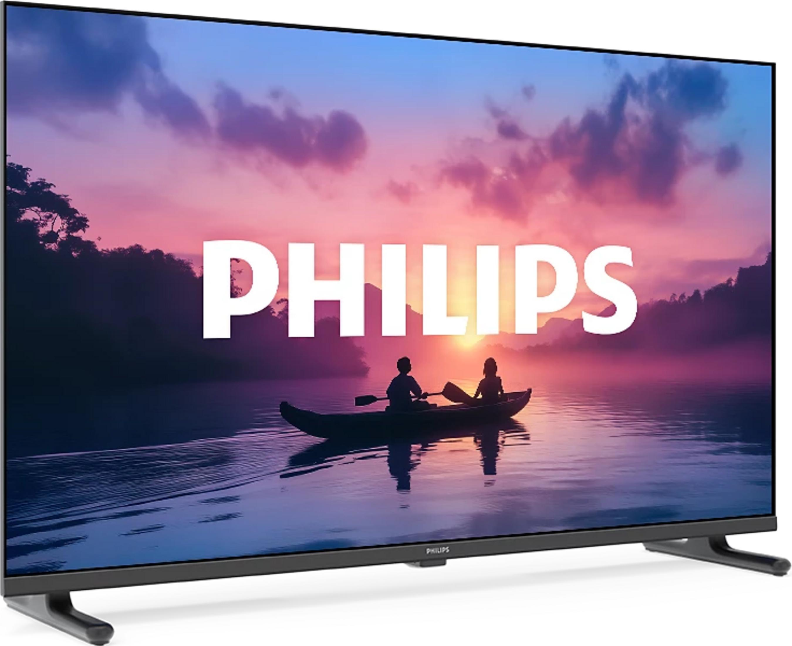 Una TV mostra un paesaggio con due persone in barca al tramonto.