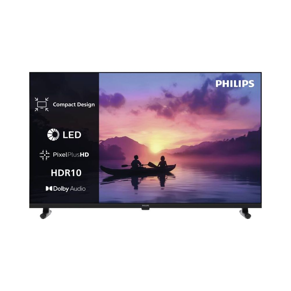 Una TV Philips mostra due persone in kayak al tramonto su un lago.